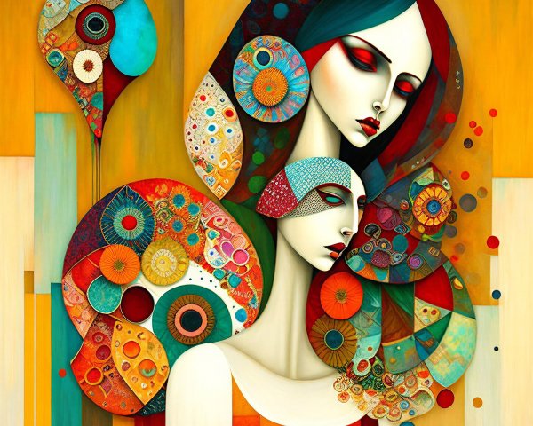 Stylized Female Faces with Vibrant Patterns and Colors