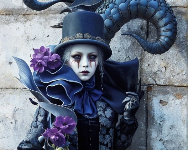 Figure in Dark Blue Gown with Textured Stone Wall