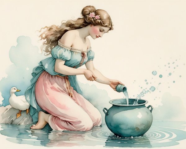 Young Woman Kneeling by Water's Edge with Duck