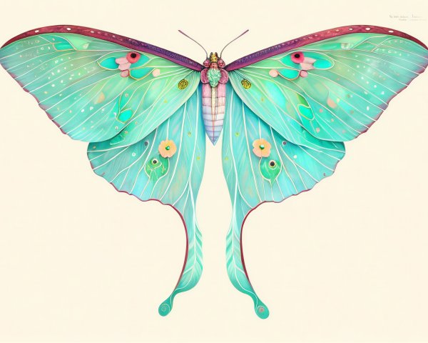 Stylized butterfly with teal wings and floral patterns