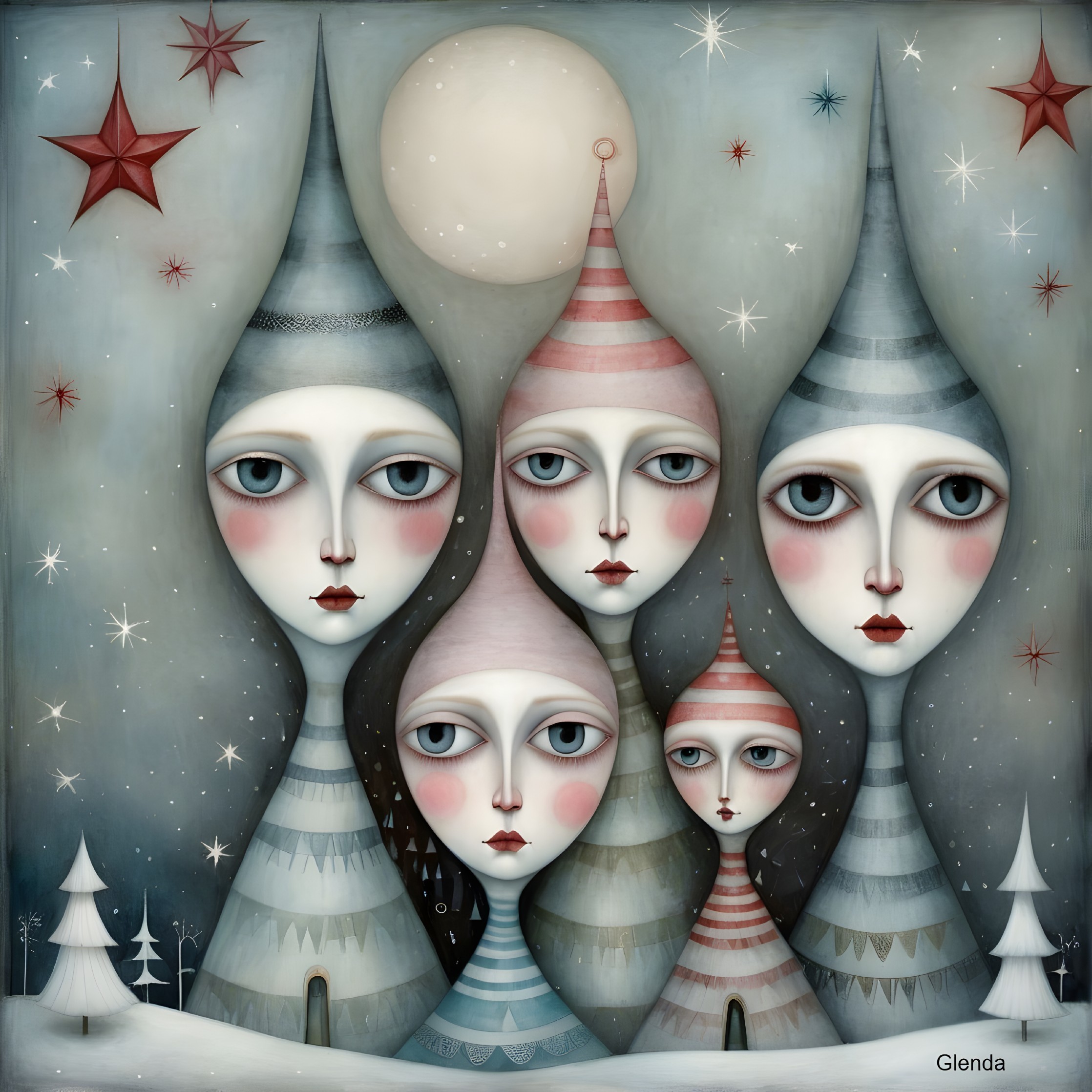 Whimsical Scene of Figures Under a Large Moon