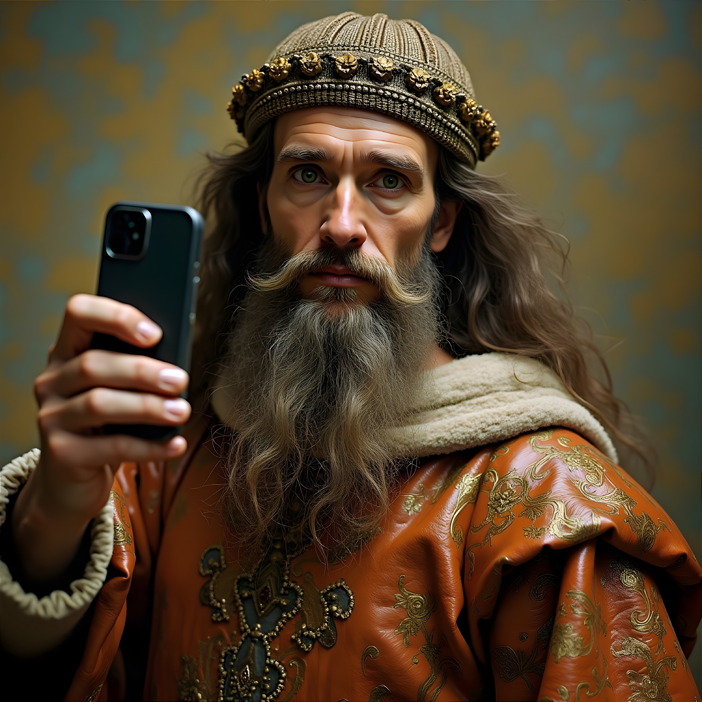 Regal figure with smartphone in ornate attire