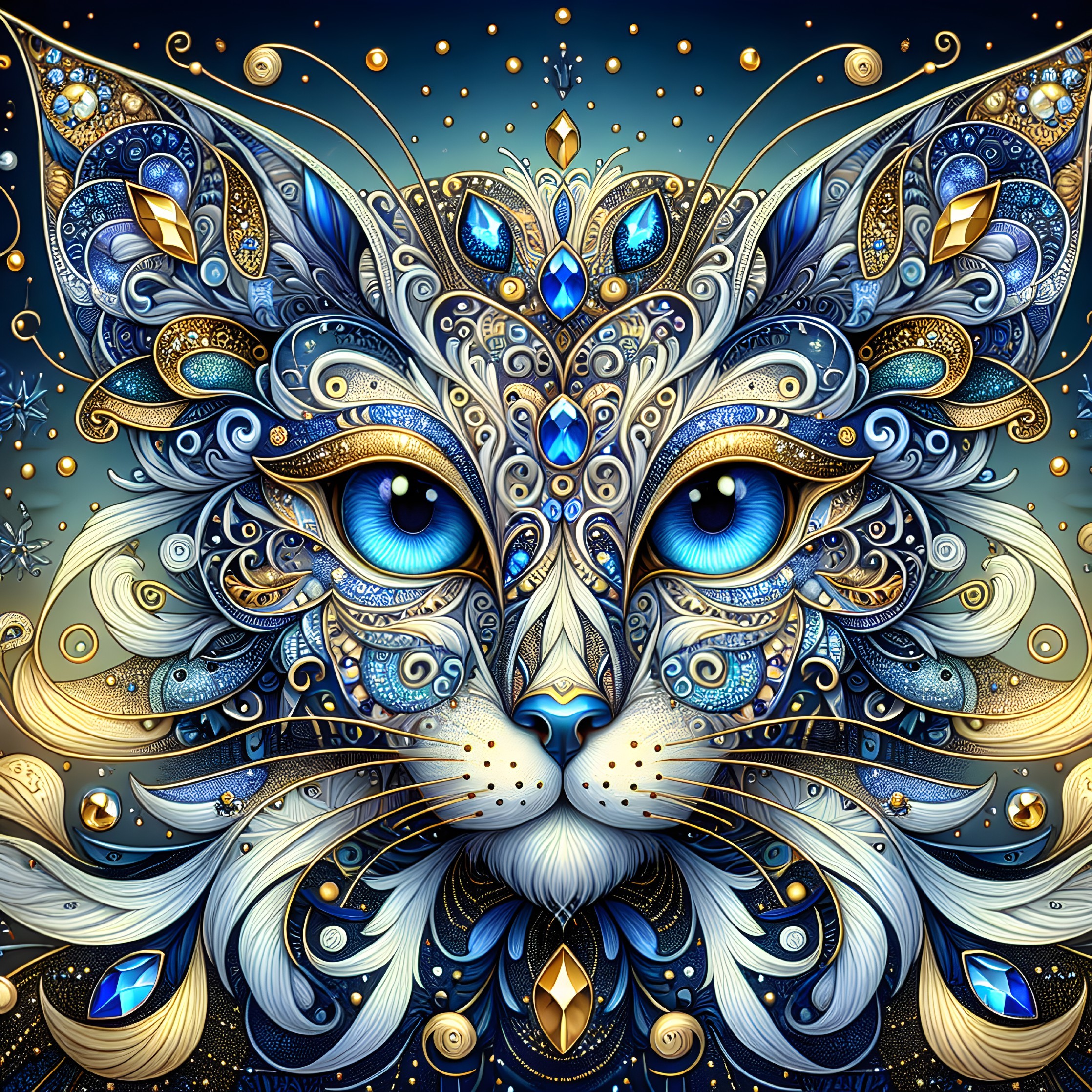 Intricate Cat Face Illustration with Patterns and Colors