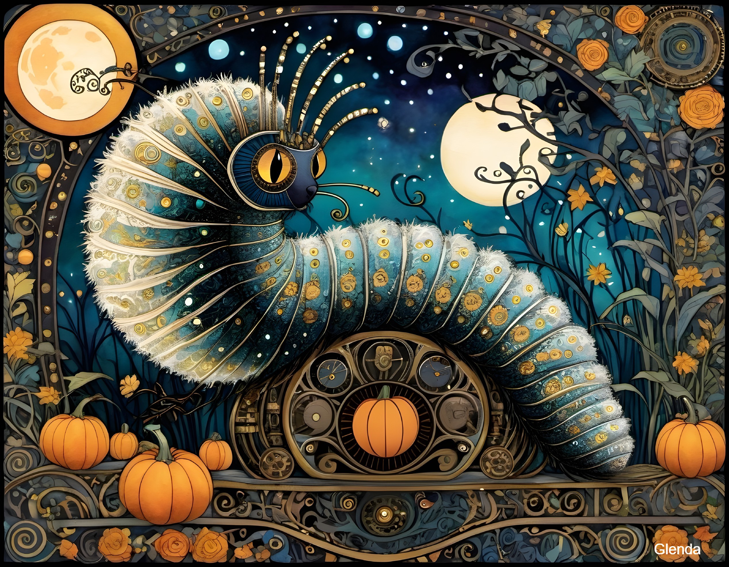Colorful Caterpillar on Wheel with Vibrant Pumpkins