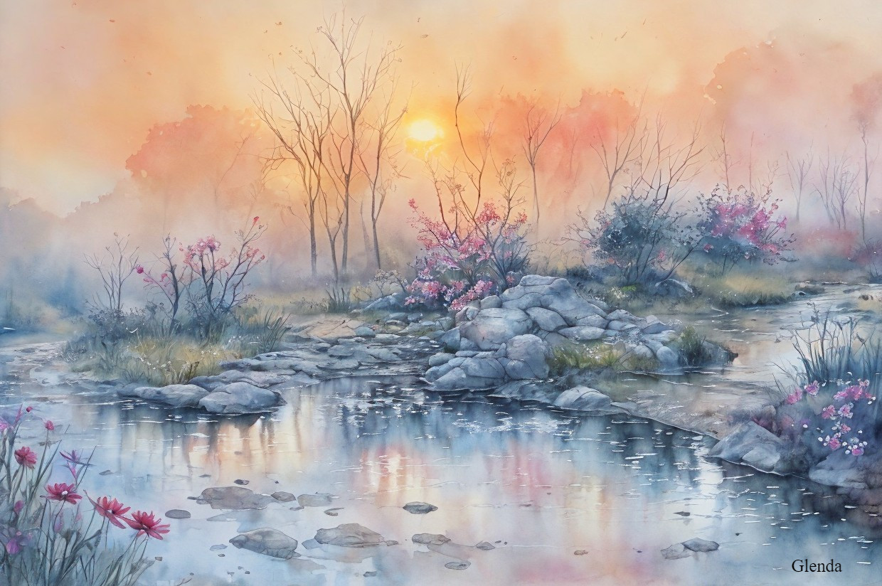Watercolor Landscape of Stream and Blooming Flowers