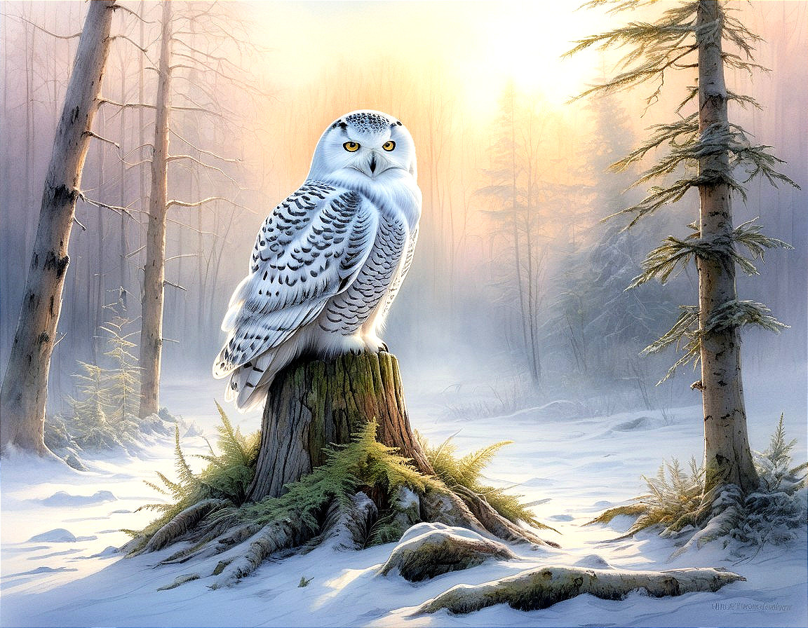 Snowy Owl on Tree Stump in Snowy Forest Setting