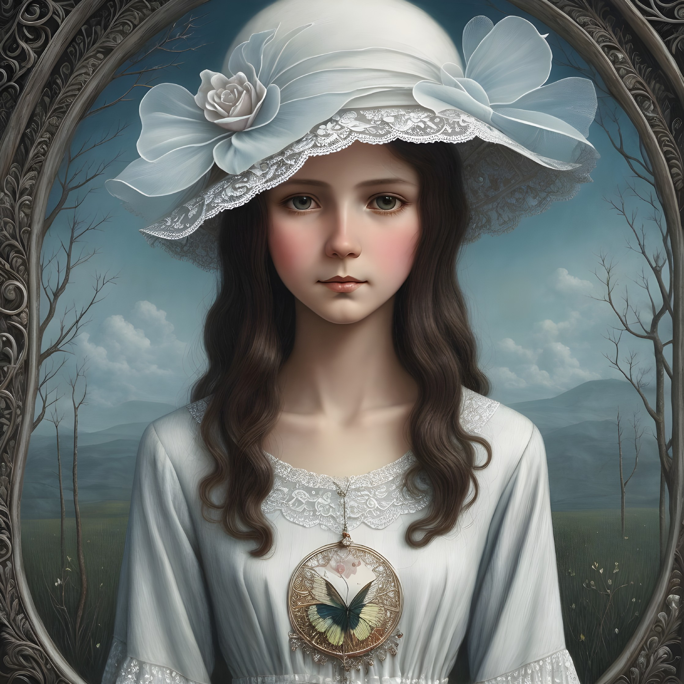 Young girl in white hat with serene landscape backdrop