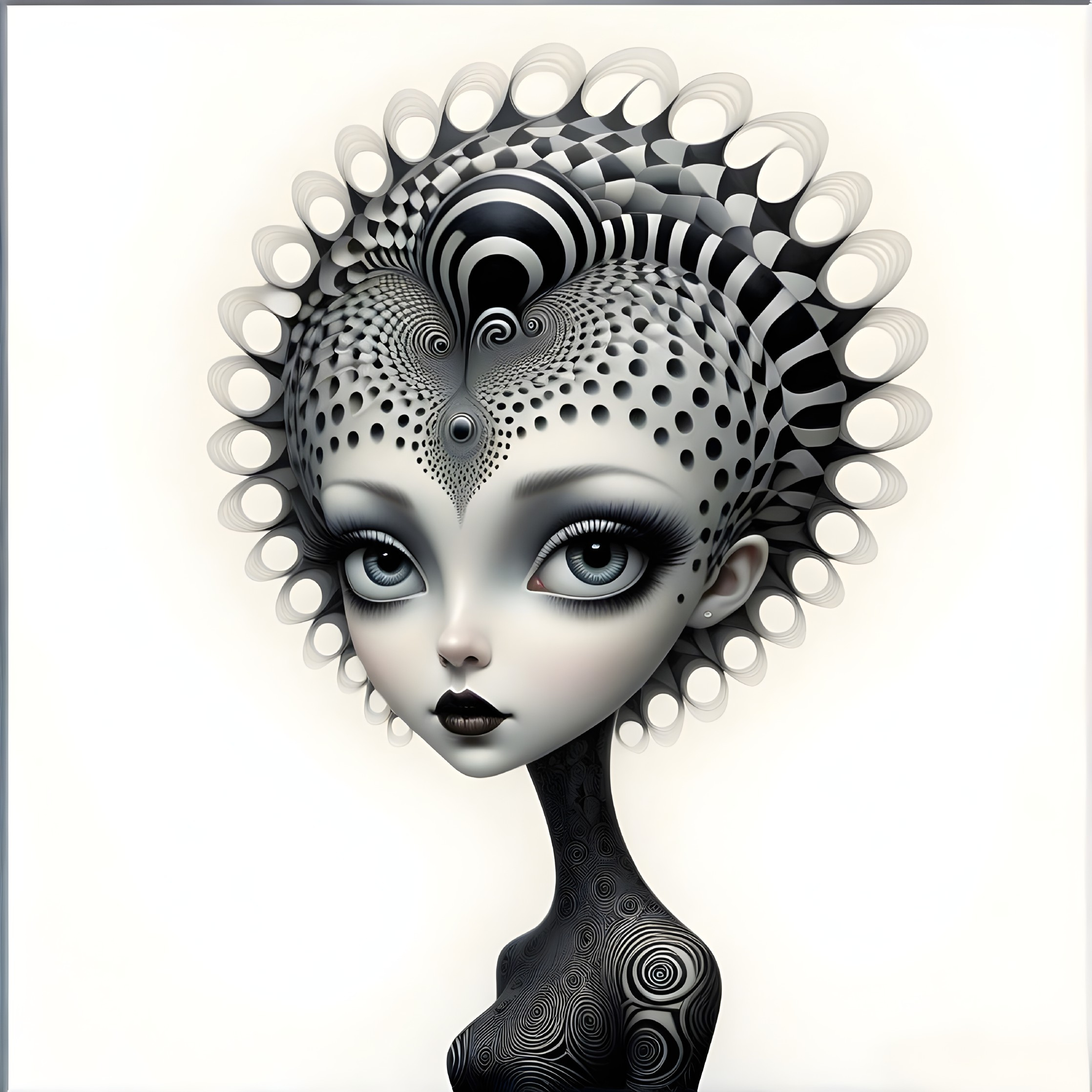 Surreal Figure with Intricate Headpiece and Patterns