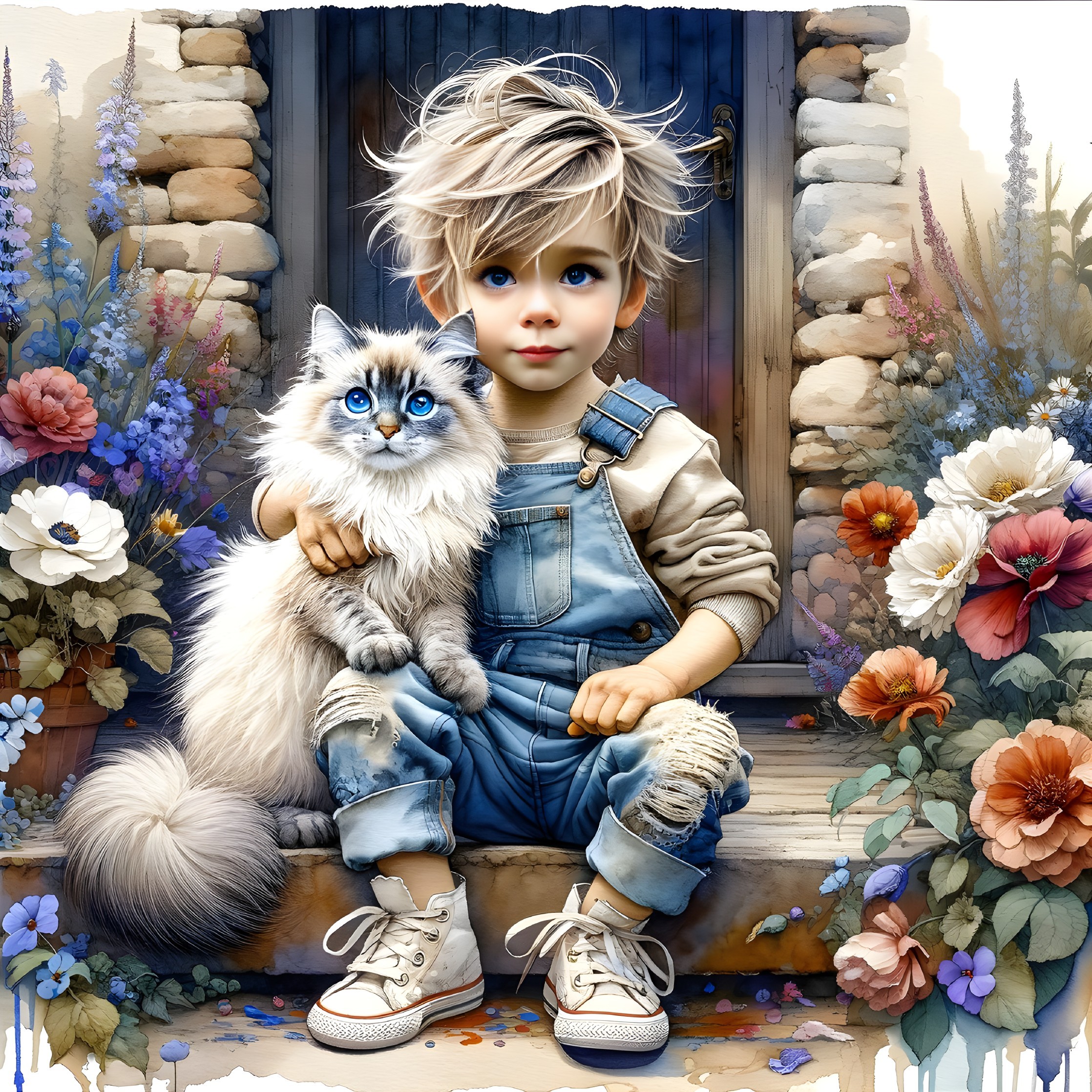 Young boy with cat on stone doorstep in garden