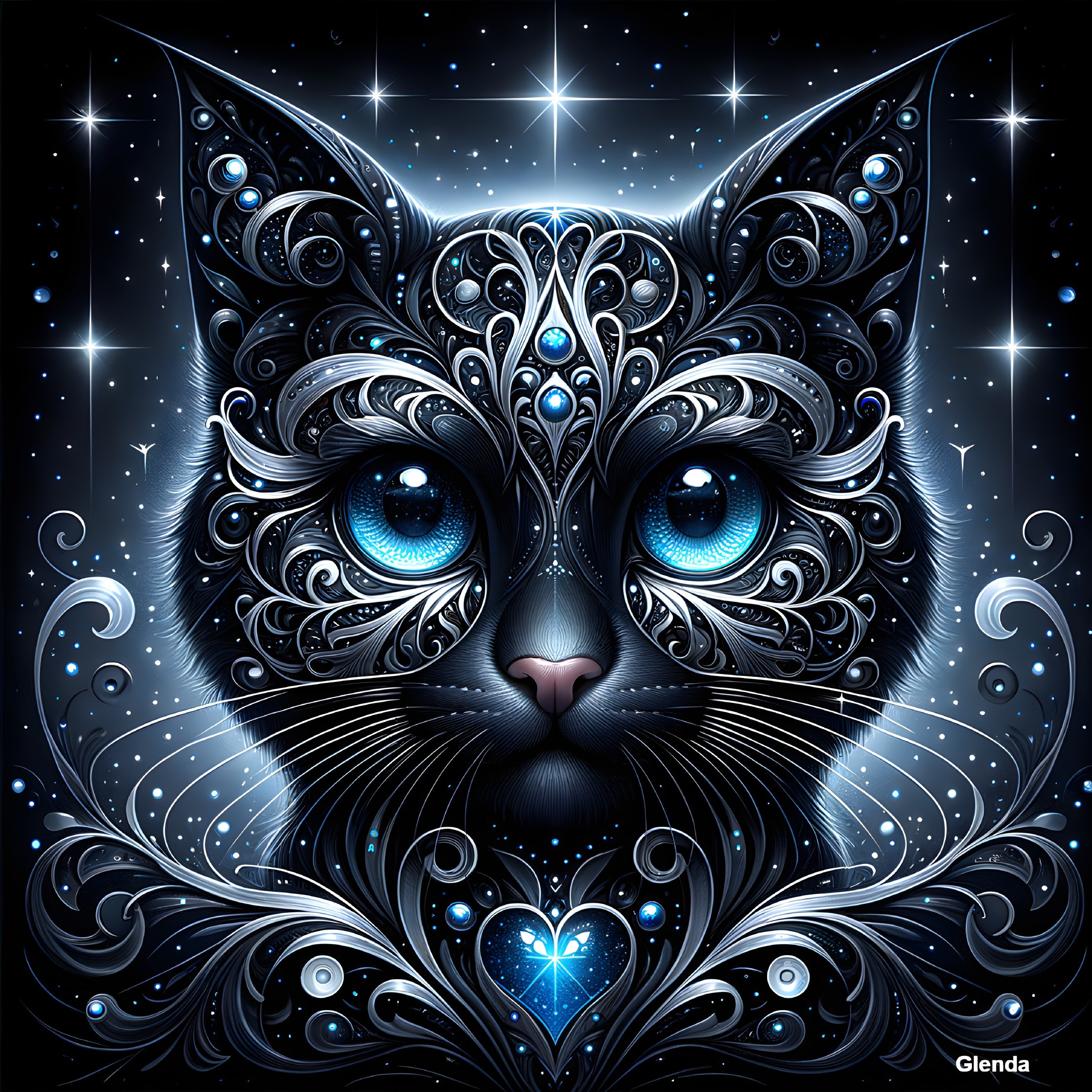 Intricate Cat Face Design with Blue Eyes and Stars