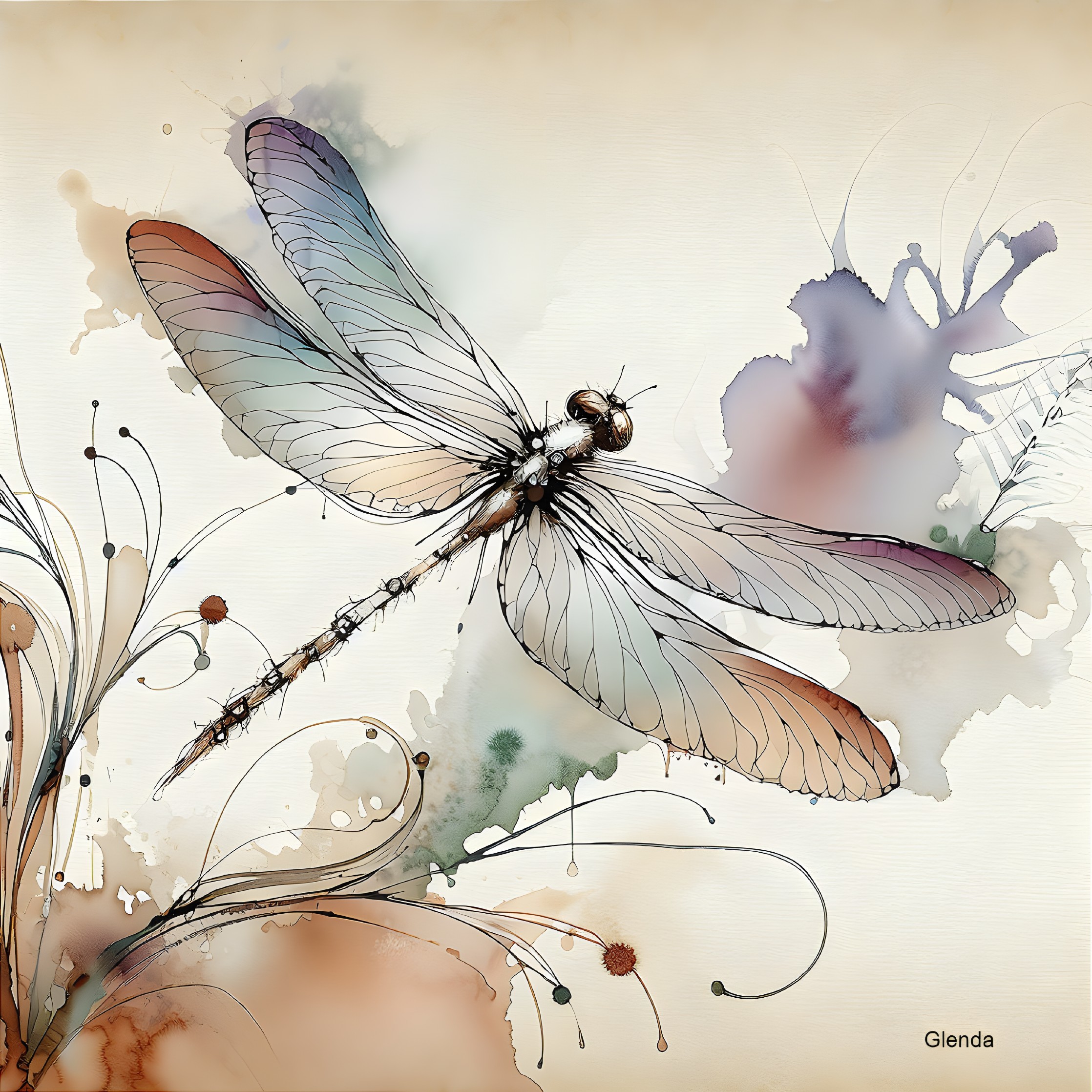 Illustration of a dragonfly on abstract watercolor background