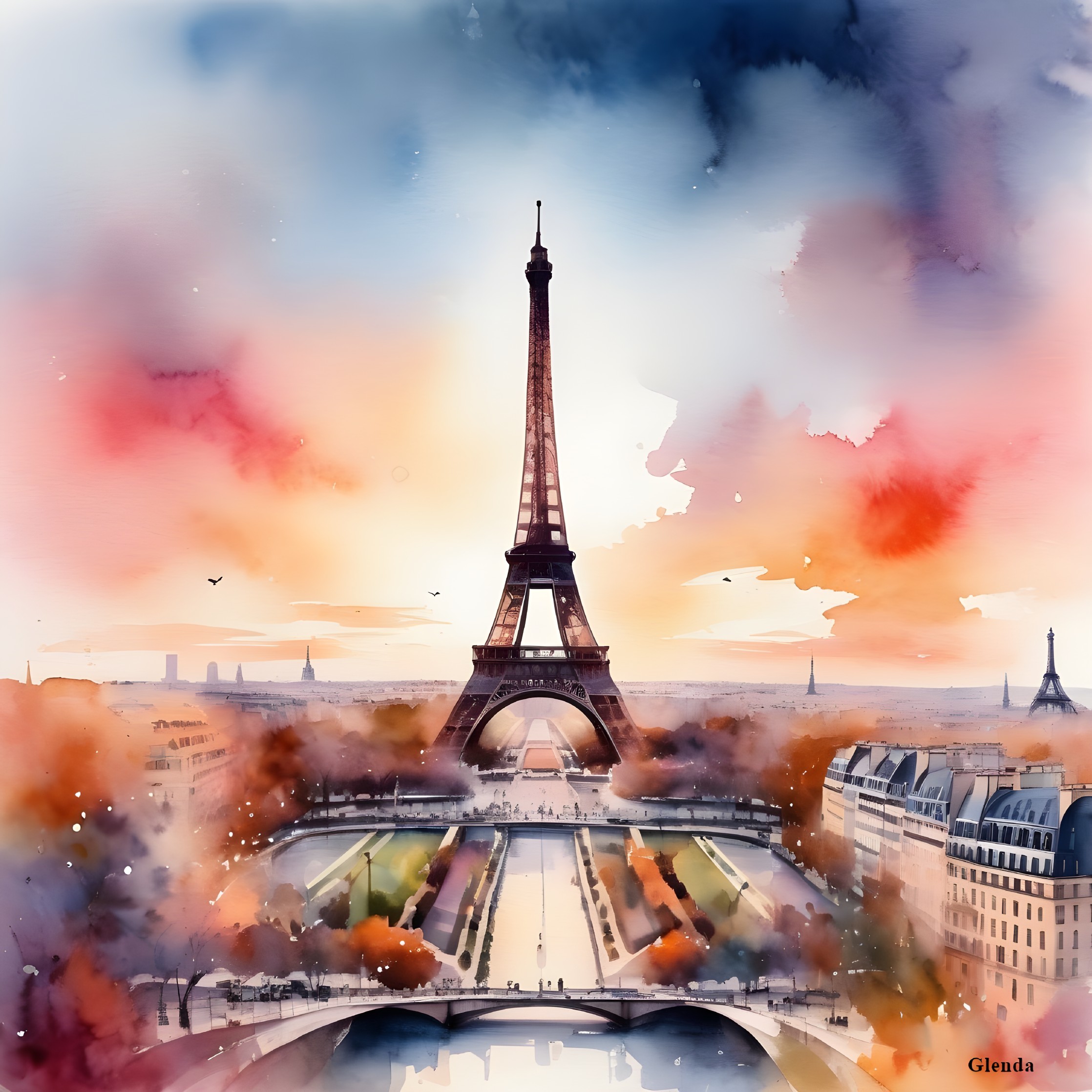 Watercolor Painting of Eiffel Tower at Sunset