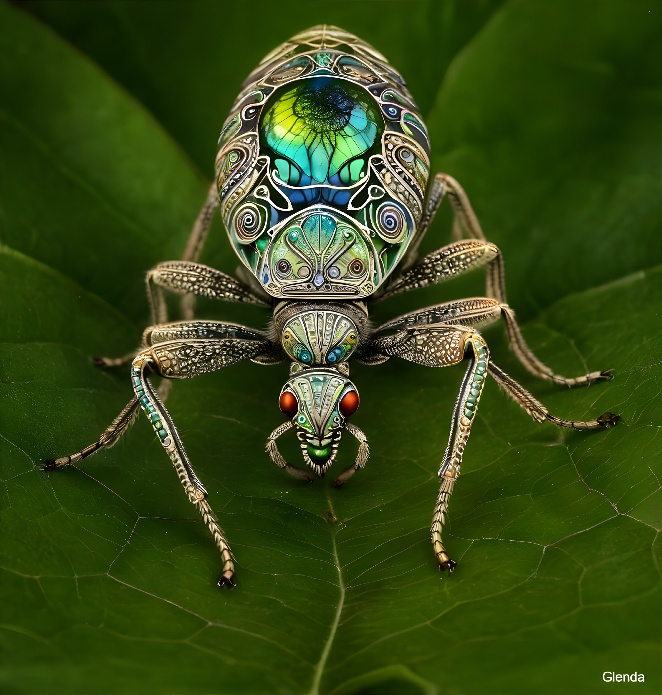 Intricate Beetle on Vibrant Green Leaf with Iridescent Colors