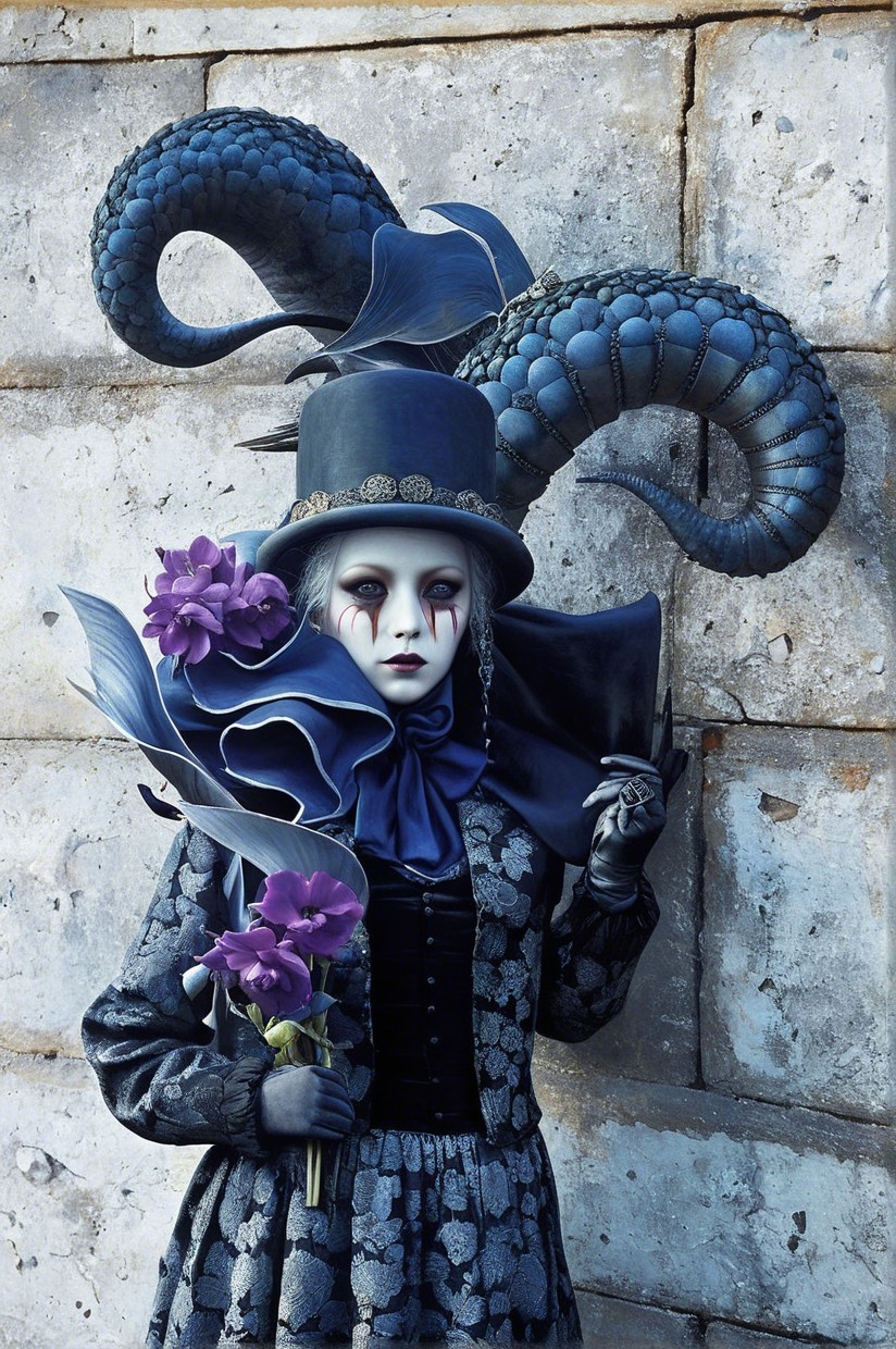 Figure in Dark Blue Gown with Textured Stone Wall