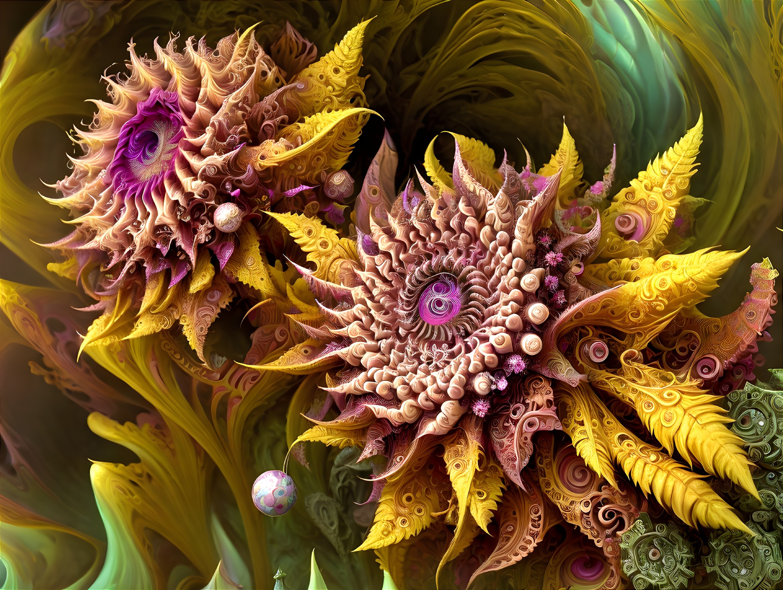 Vibrant Fractal Scene with Floral Patterns and Colors