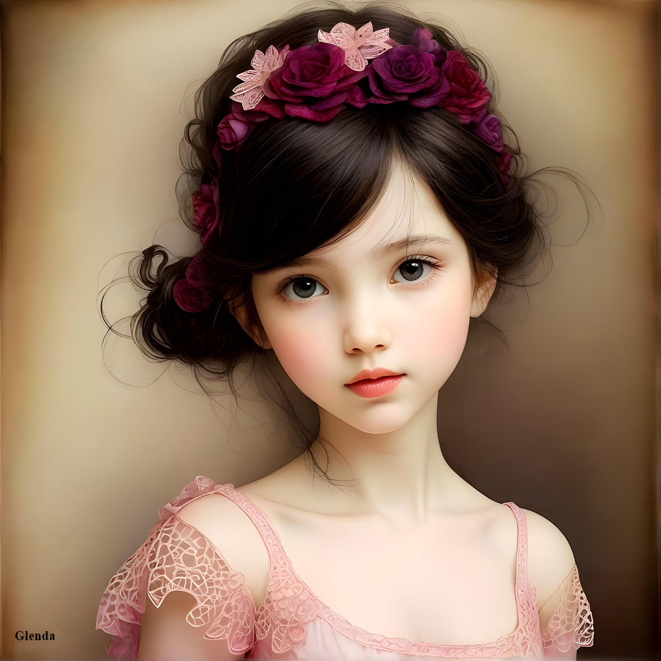 Young girl in floral crown and frilly pink dress