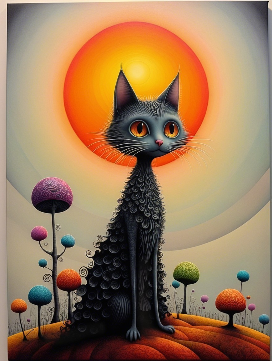 Whimsical Black Cat with Colorful Mushrooms at Sunset