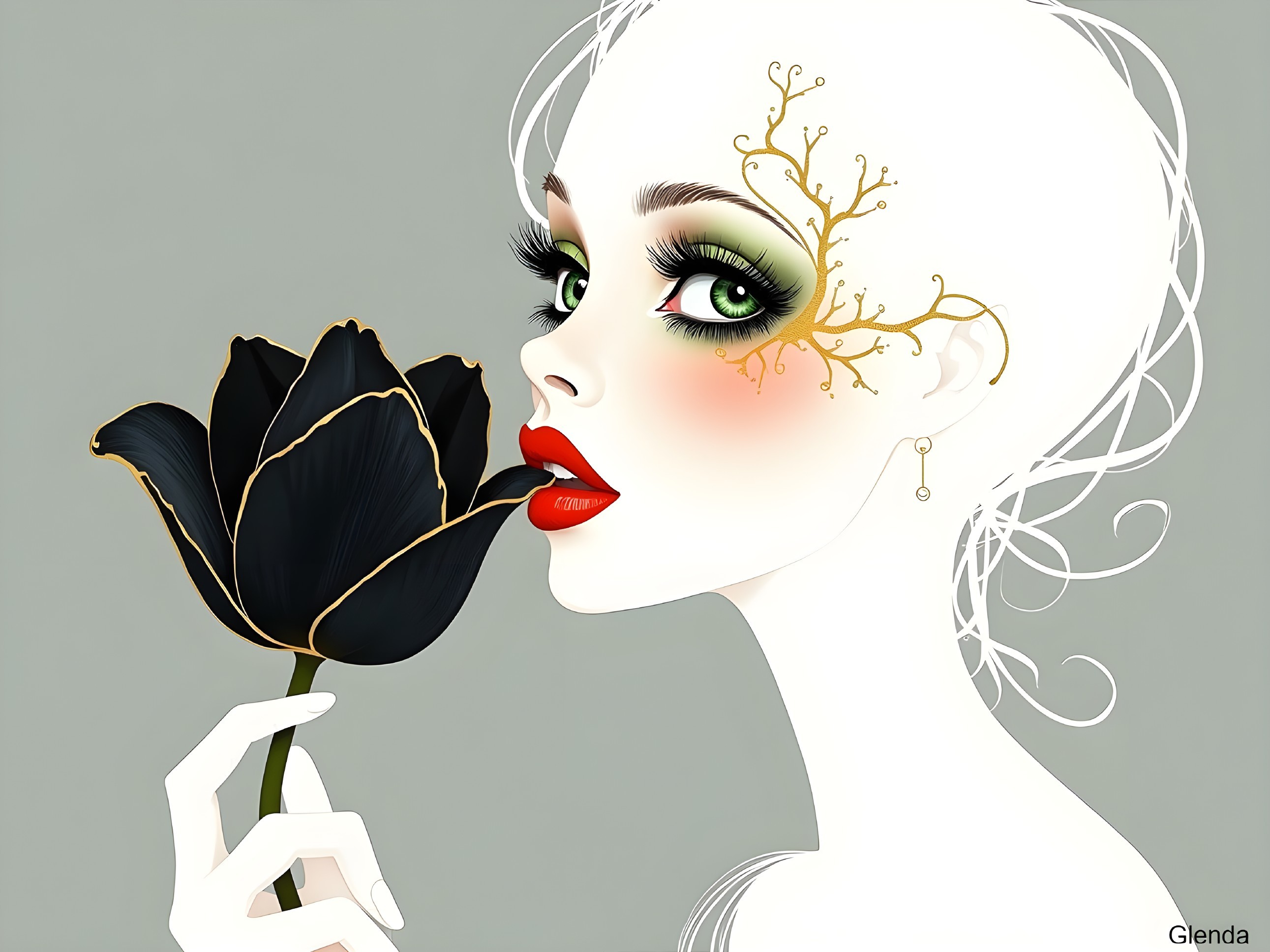 Illustration of a Woman with Green Eyes and Black Tulip