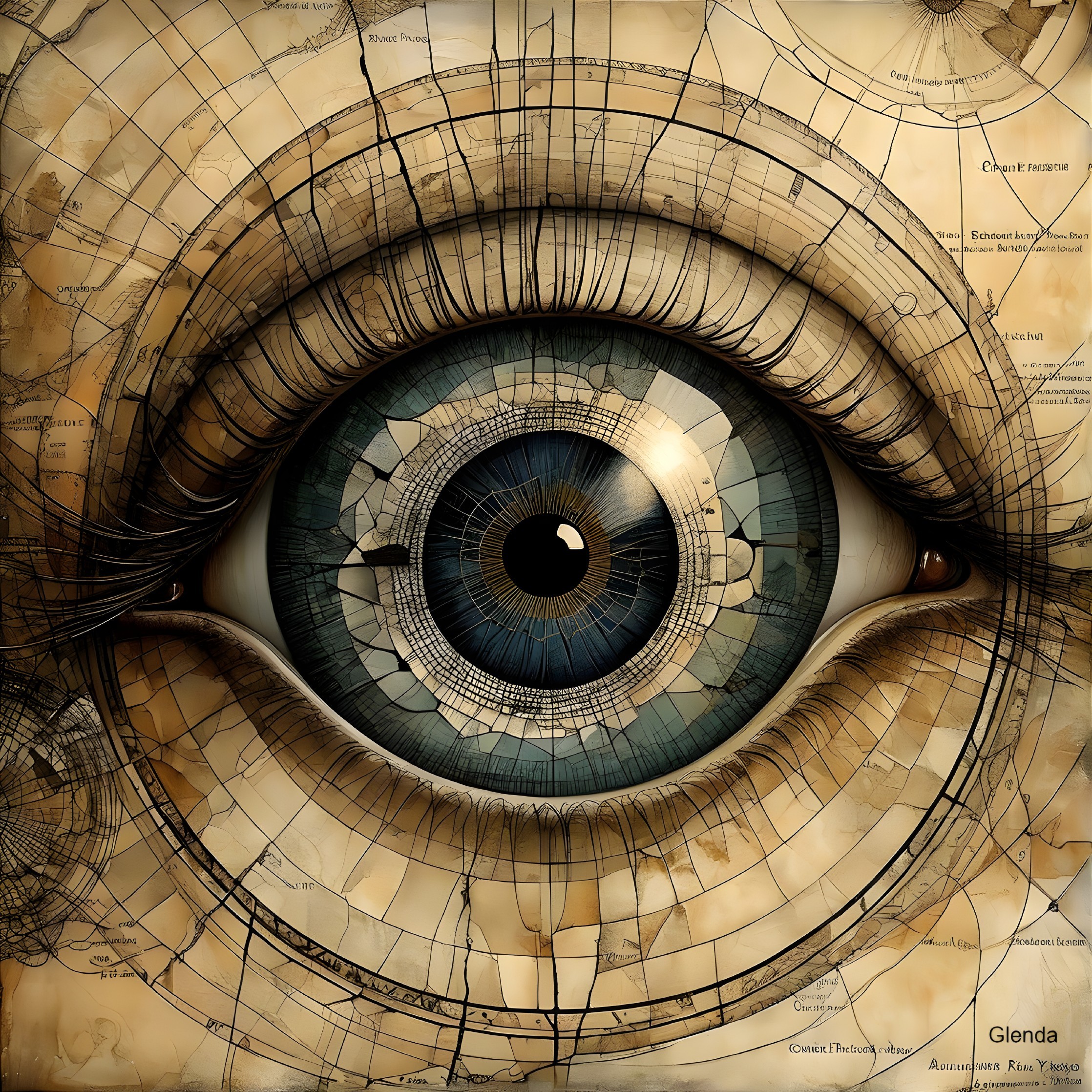 Intricate Human Eye with Blue Iris and Geometric Patterns