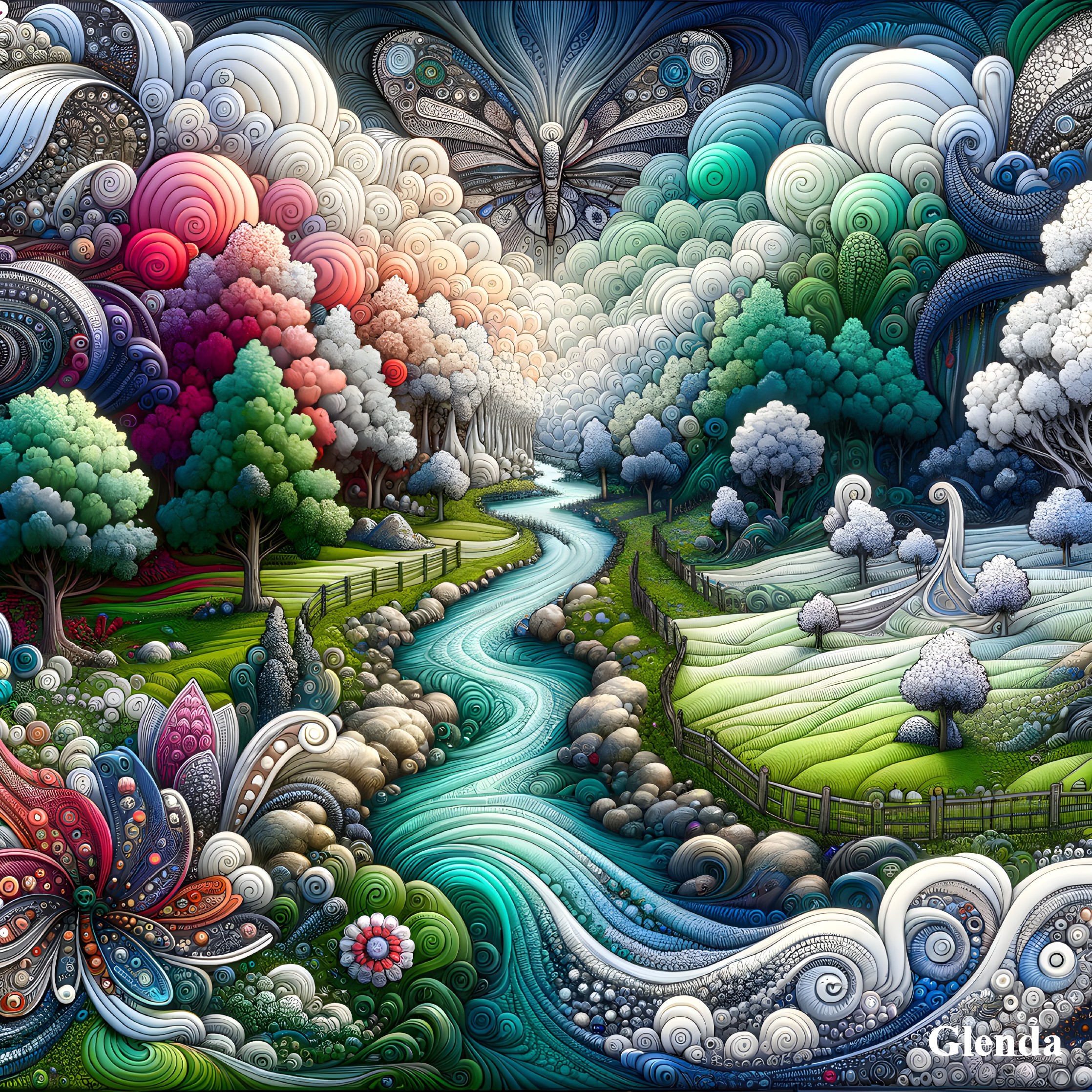 Colorful Whimsical Landscape with Stylized Elements