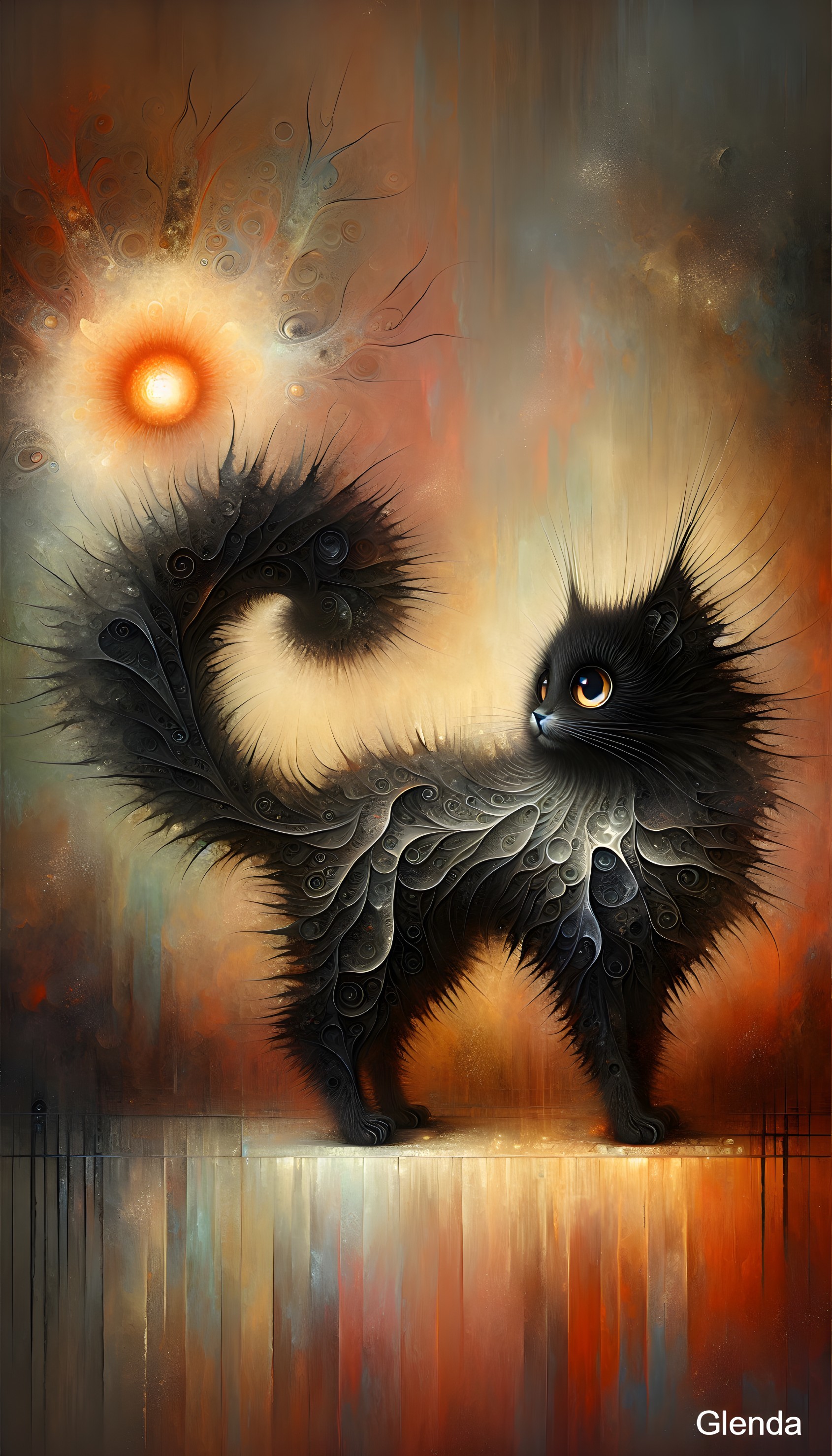 Black Cat with Feathery Fur and Abstract Background