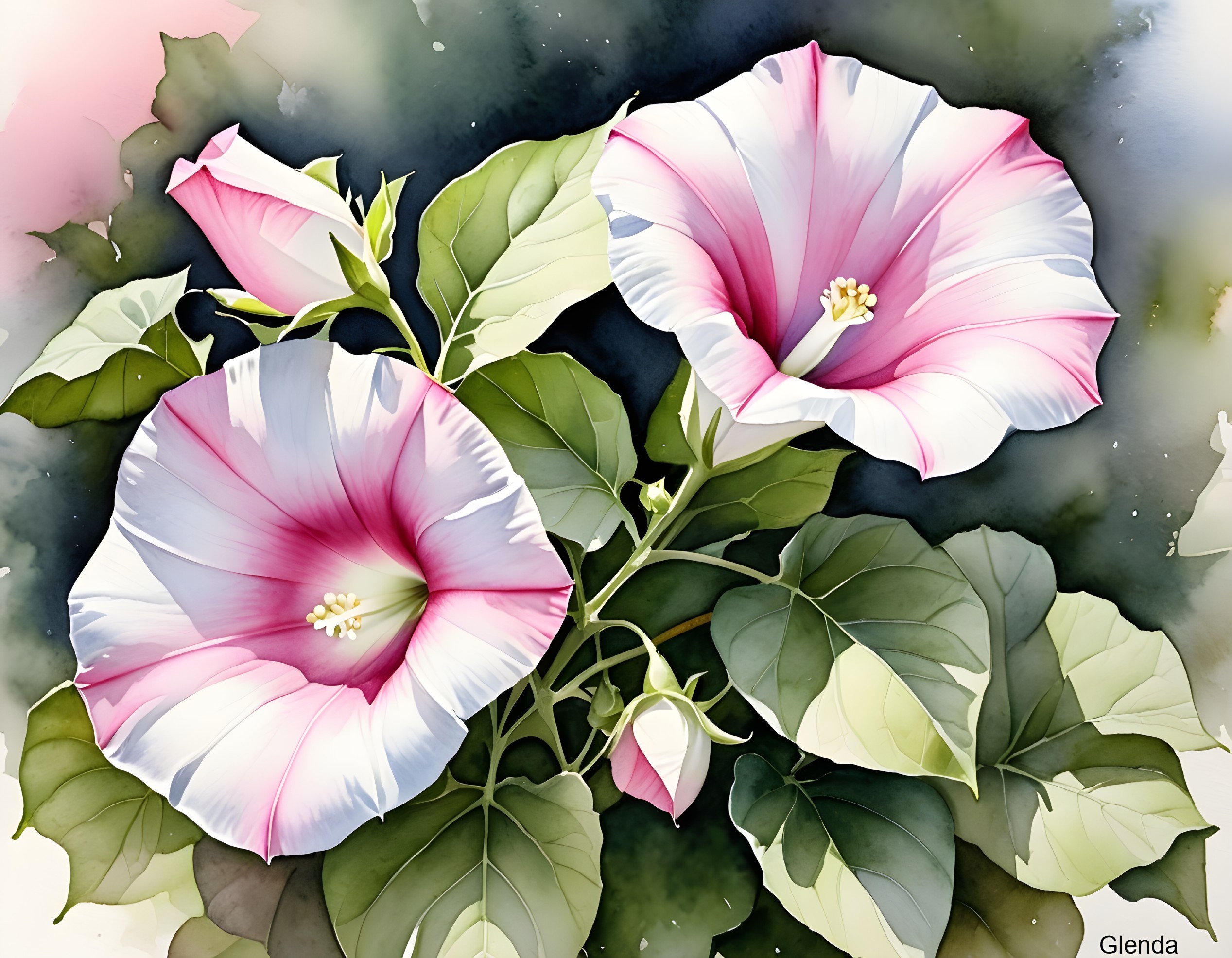 Vibrant Watercolor of Trumpet-Shaped Flowers and Leaves
