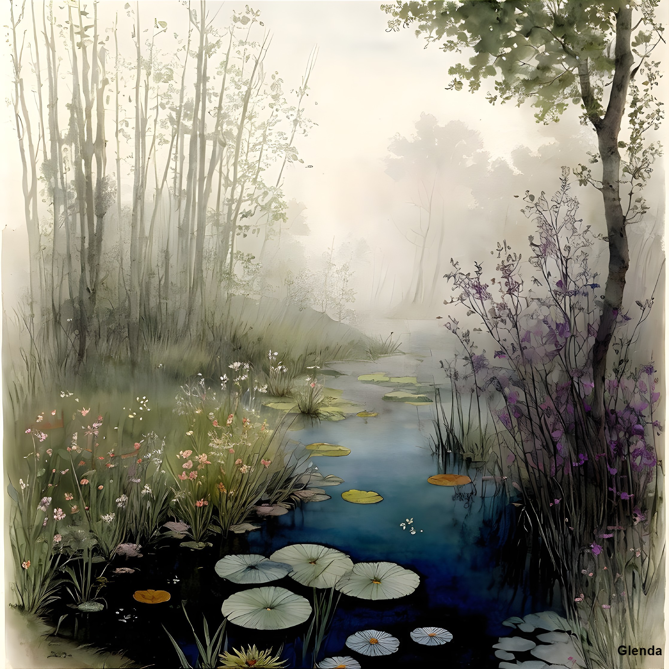 Serene Landscape with Mist and Tranquil Stream