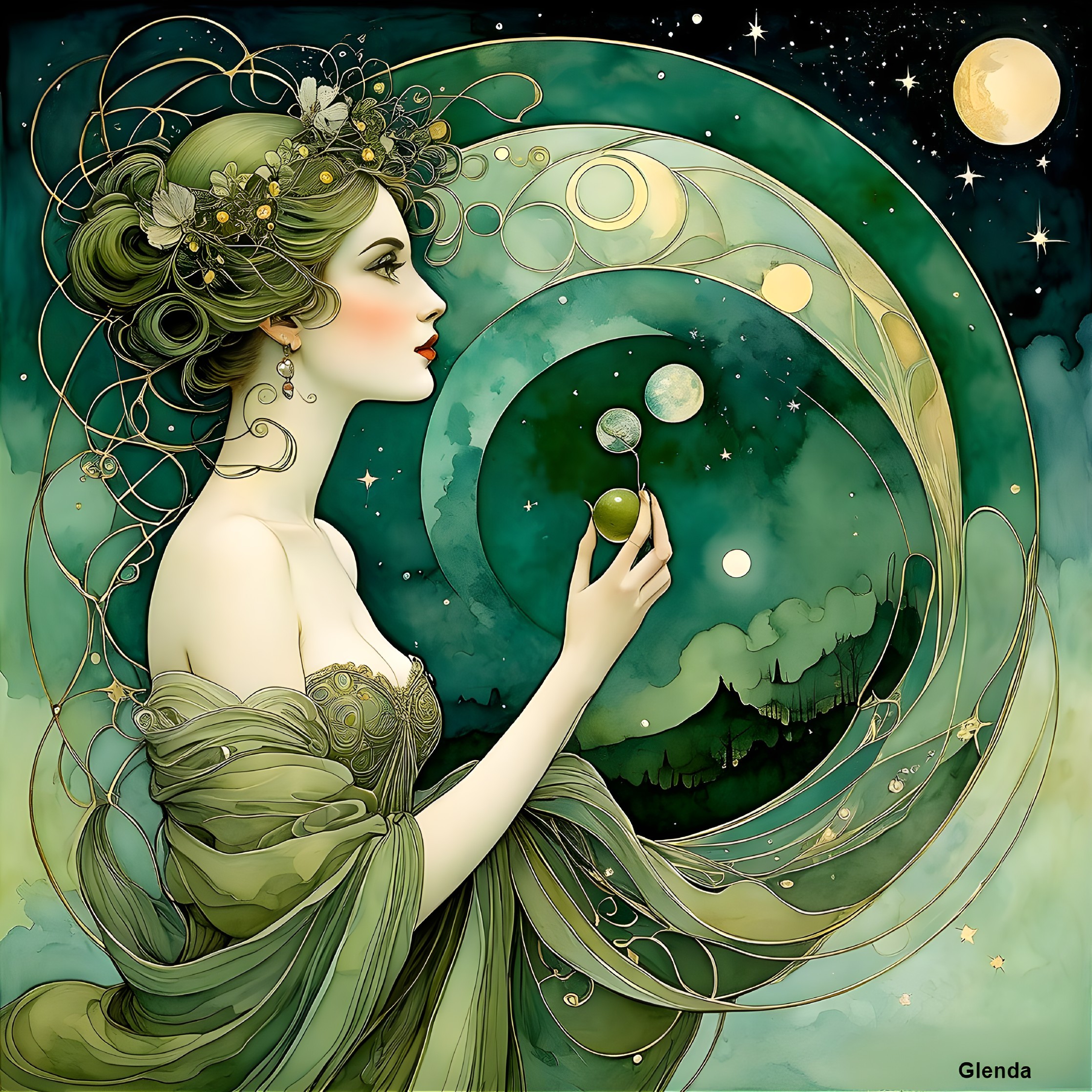 Mystical Woman in Greenery Against Celestial Backdrop