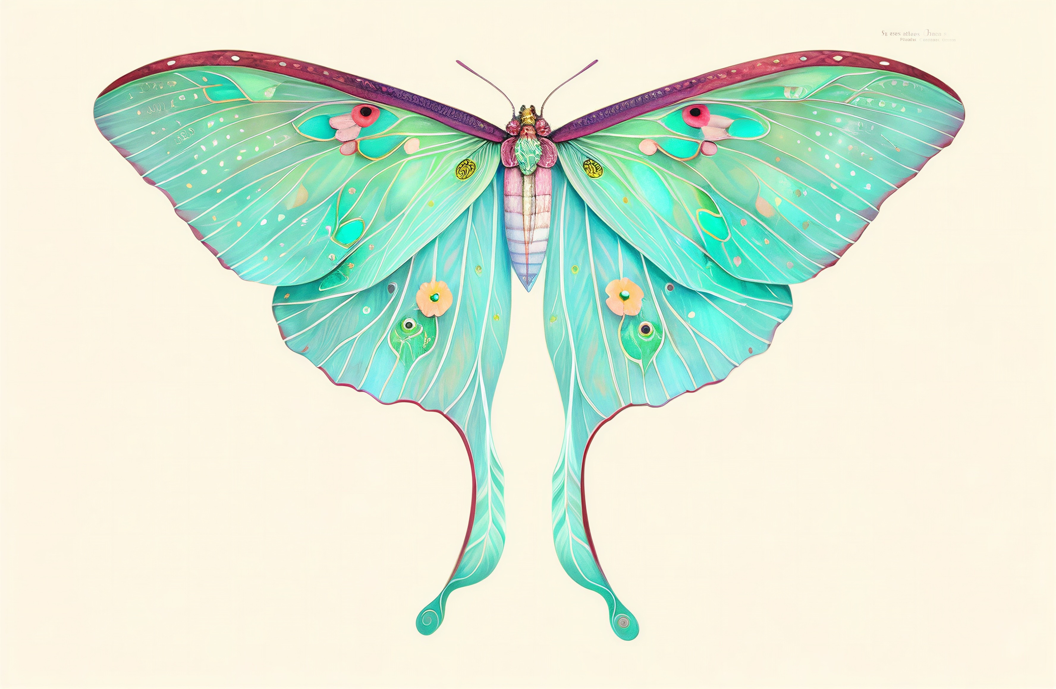 Stylized butterfly with teal wings and floral patterns