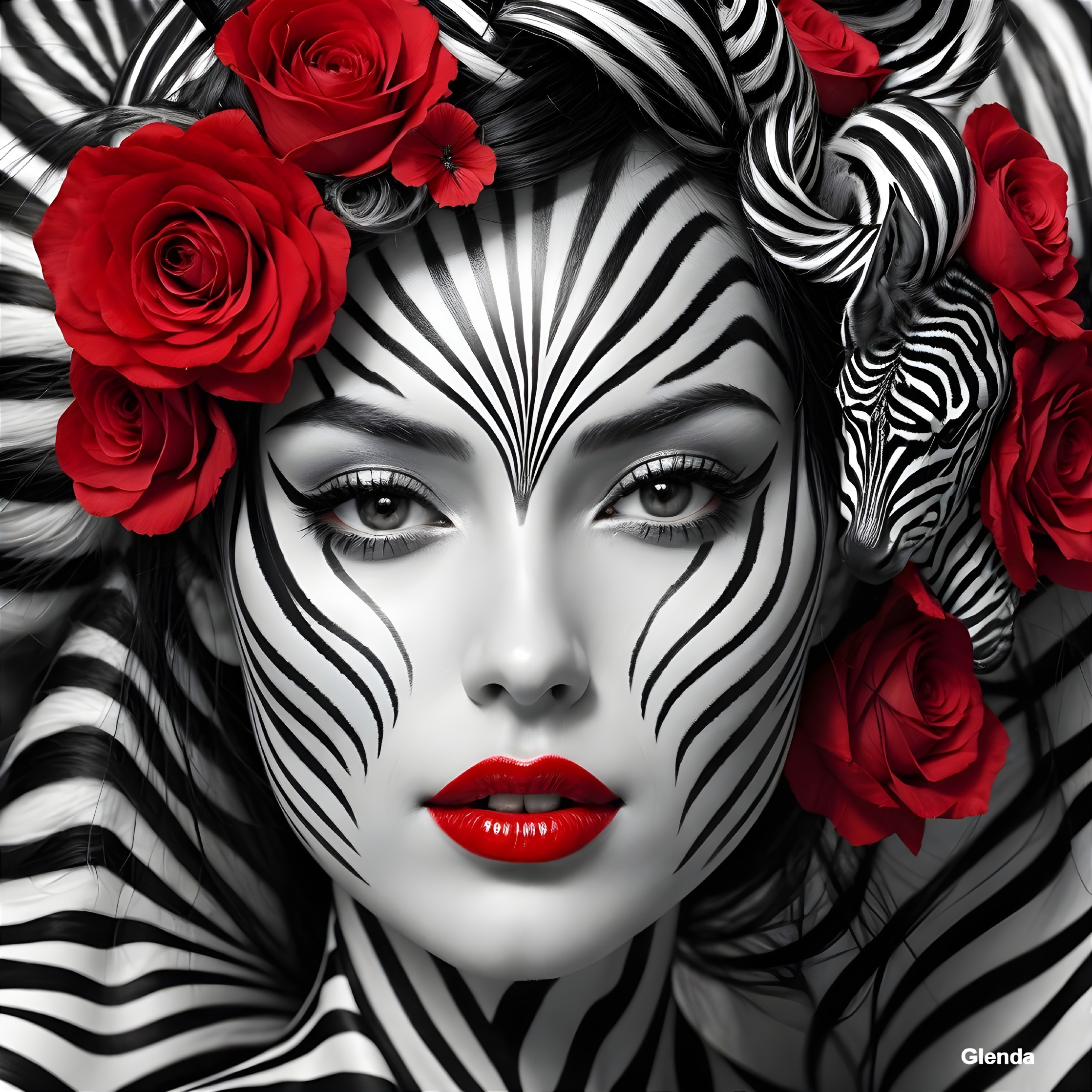 Monochrome Woman with Zebra Body Paint and Roses