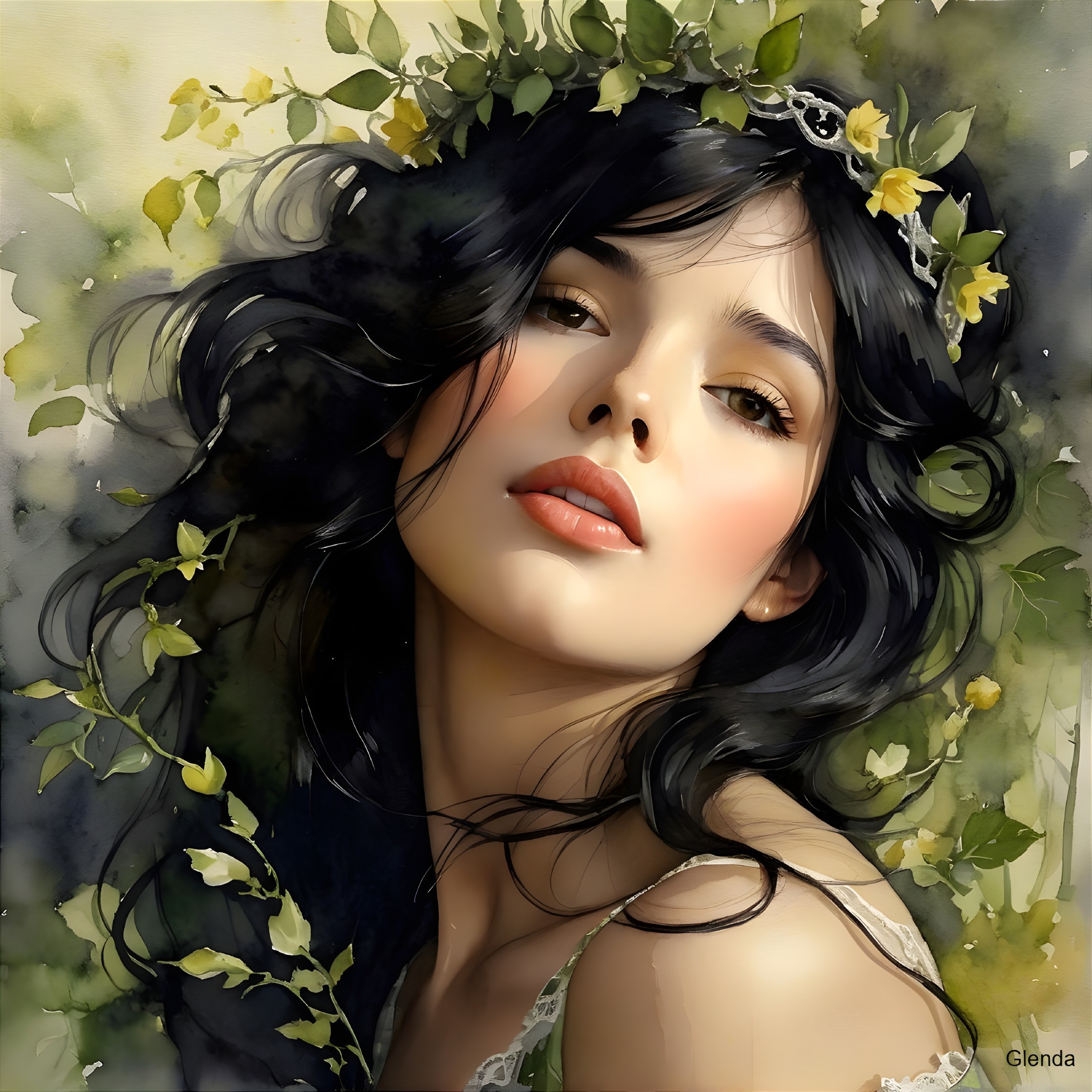 Portrait of a Young Woman with Flowing Black Hair