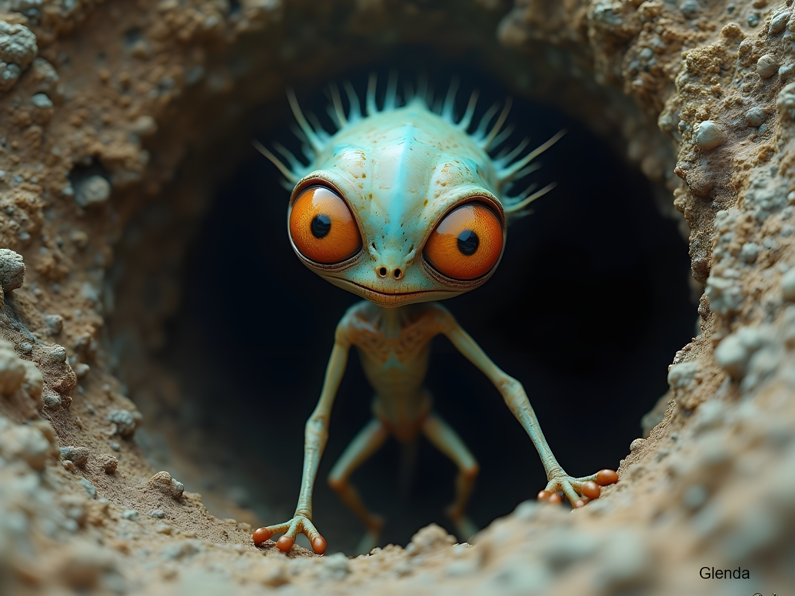 Whimsical Creature in Dark Tunnel with Vibrant Features