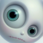Whimsical Character with Round Head and Green Eyes