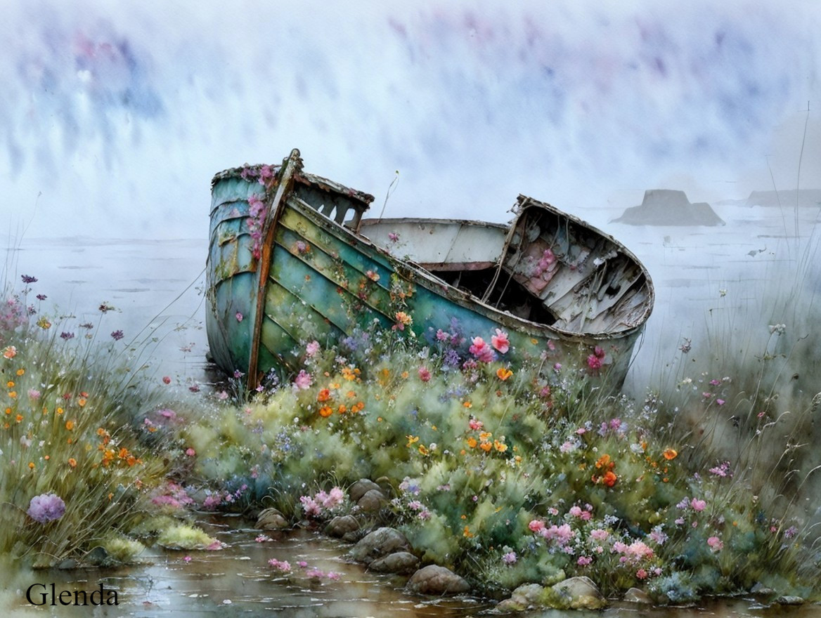 Old Boats Amid Wildflowers on Foggy Shoreline