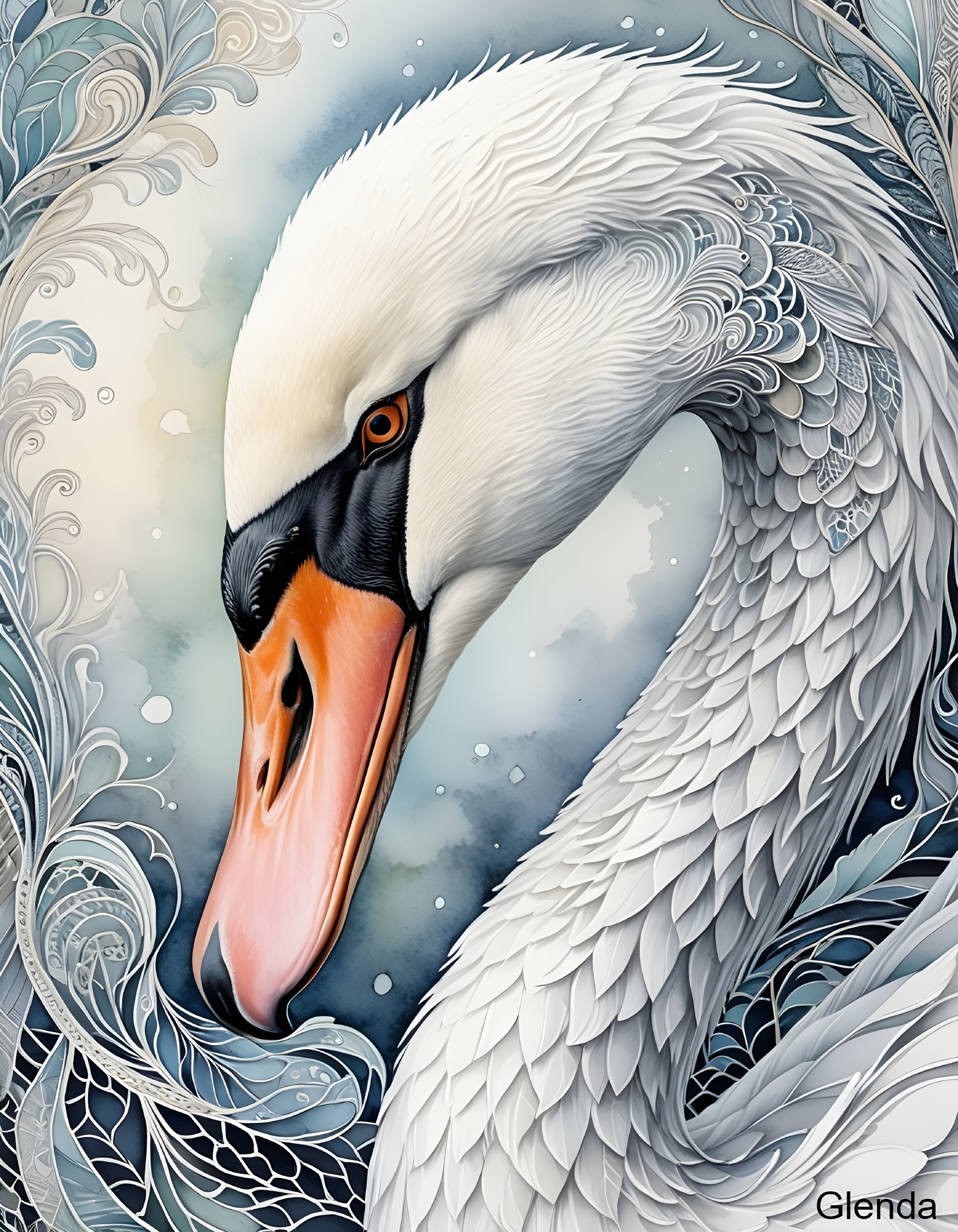 Detailed Illustration of a Serene Swan with Patterns