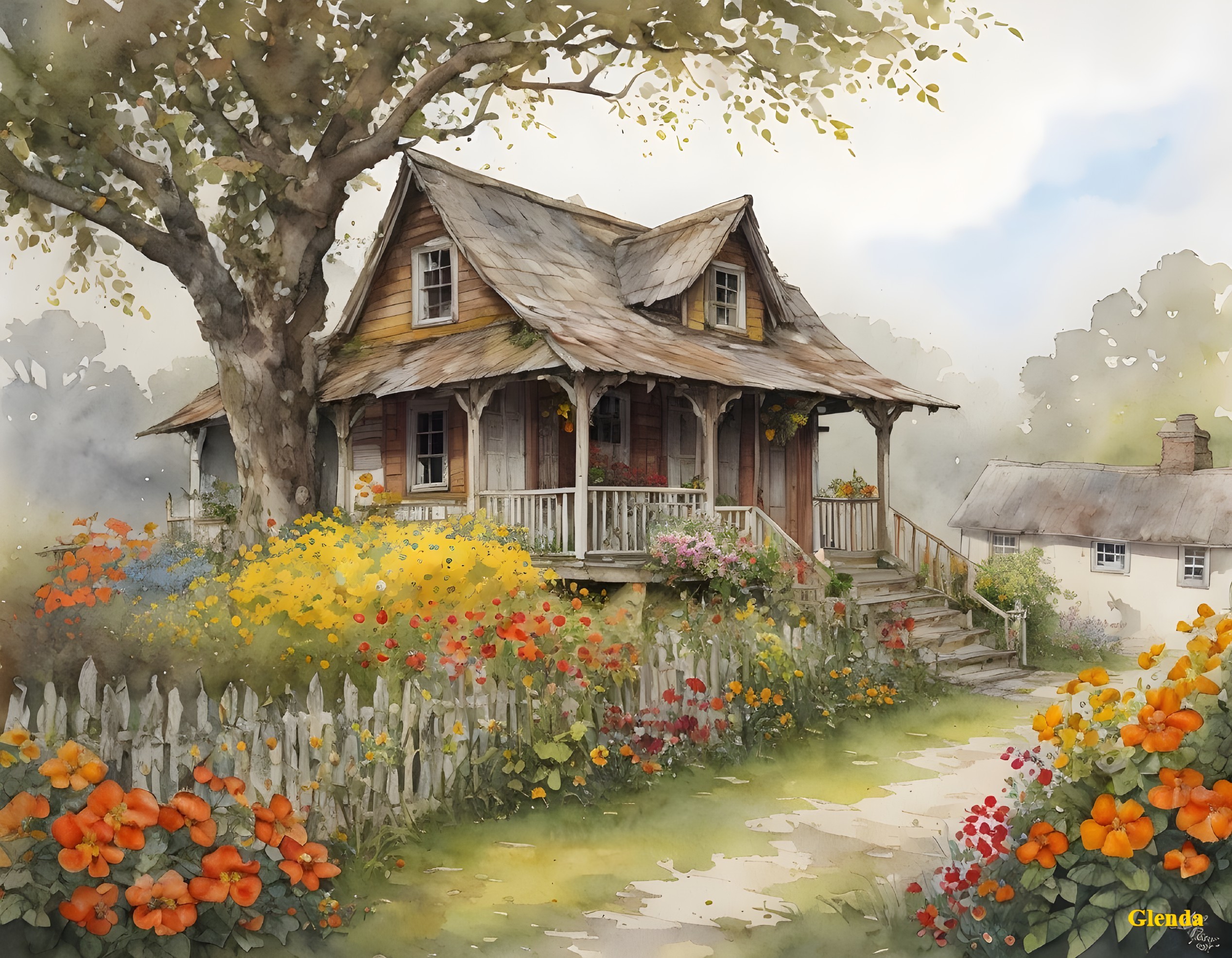 Rustic House Surrounded by Vibrant Flower Garden