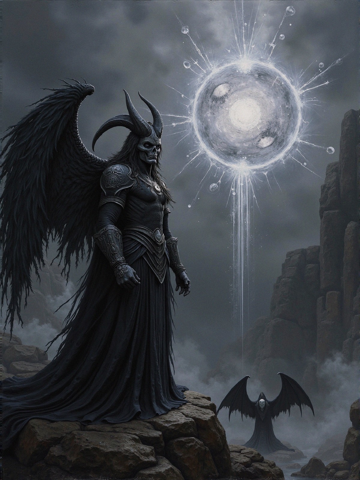 Dark Figure with Feathered Wings on Rocky Outcrop