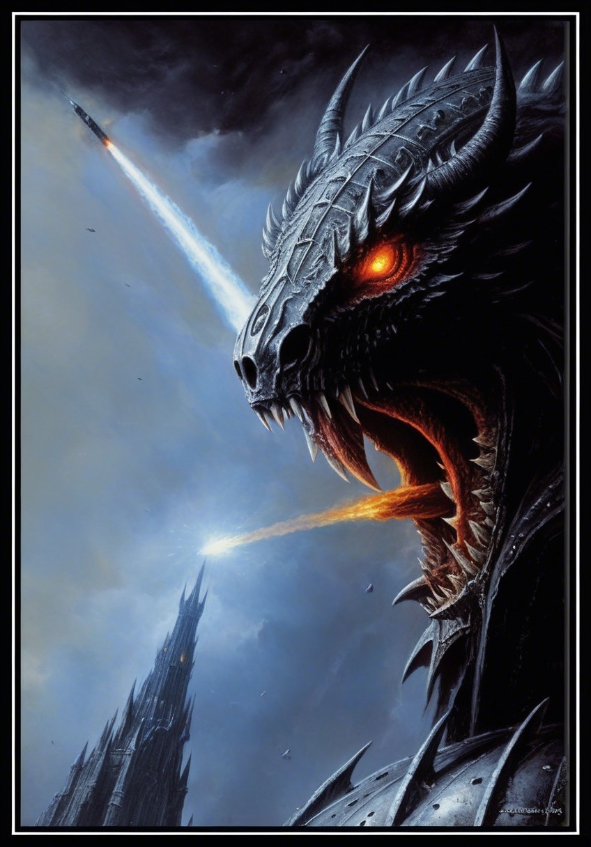 Dragon Head with Castle and Rockets in Fantasy Scene