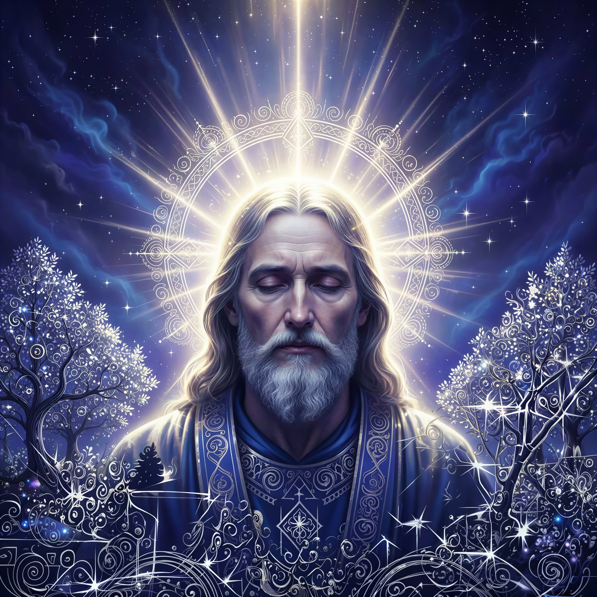 Ethereal Portrait of Jesus Christ in Starry Night