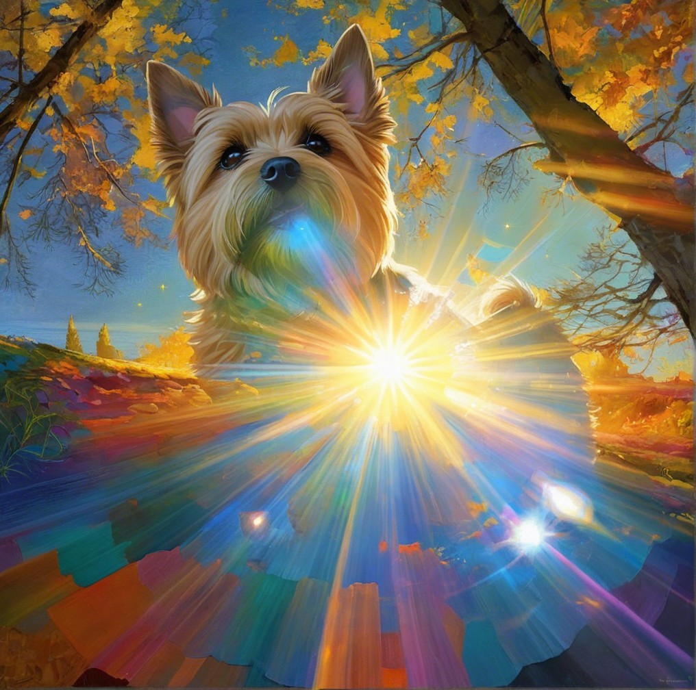 Fluffy Dog in Vibrant Autumn Landscape with Sunlight