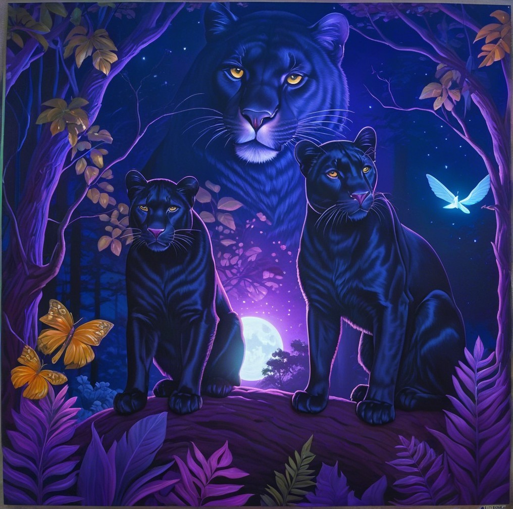 Black Panthers in a Mystical Twilight Setting