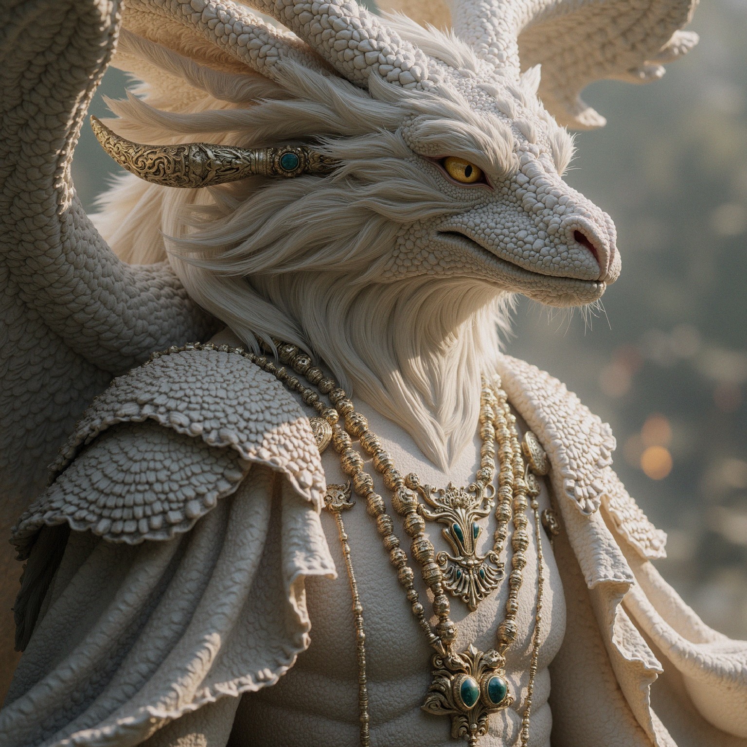 Majestic white dragon with golden accents and wings