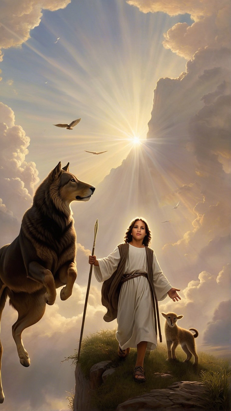 Young figure with wolf and puppy on grassy hill