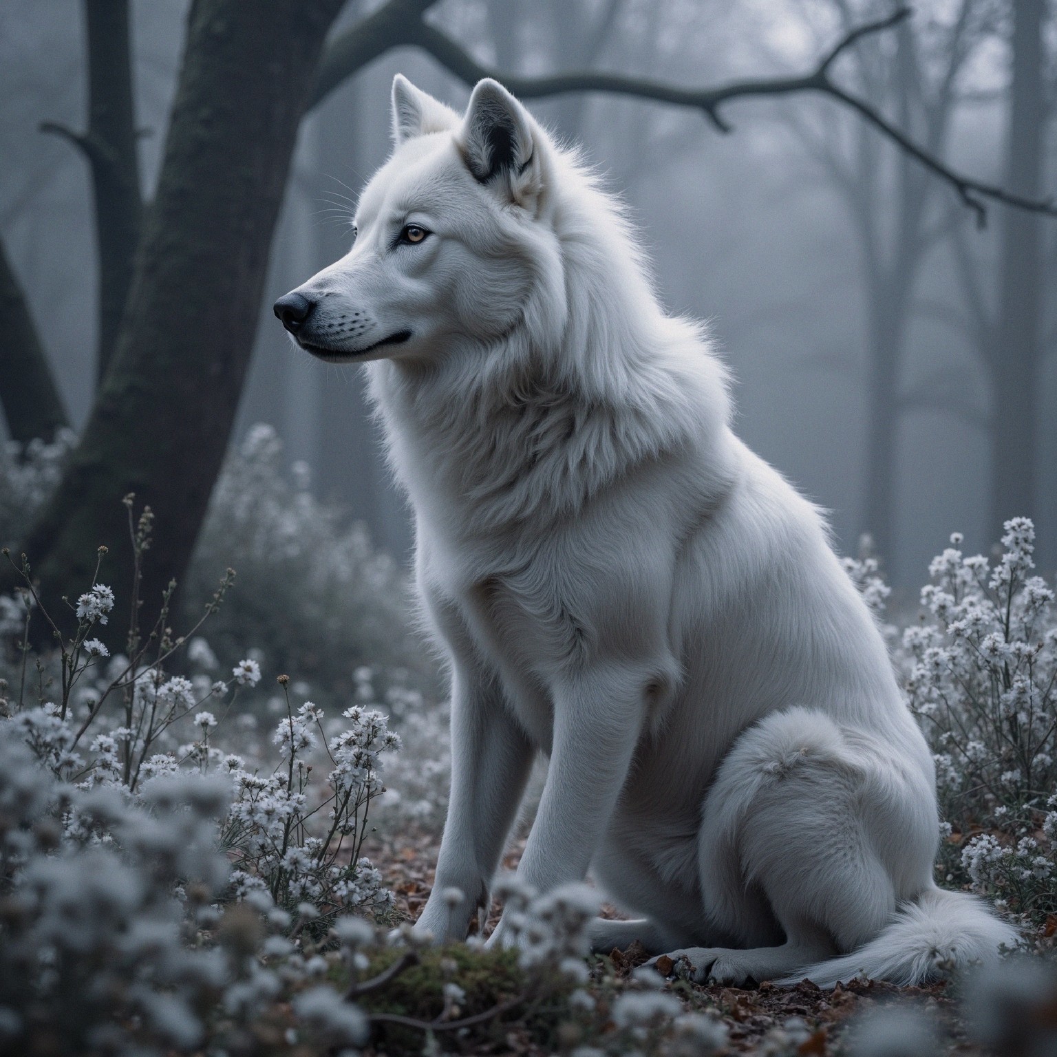 Majestic white wolf in a misty forest setting