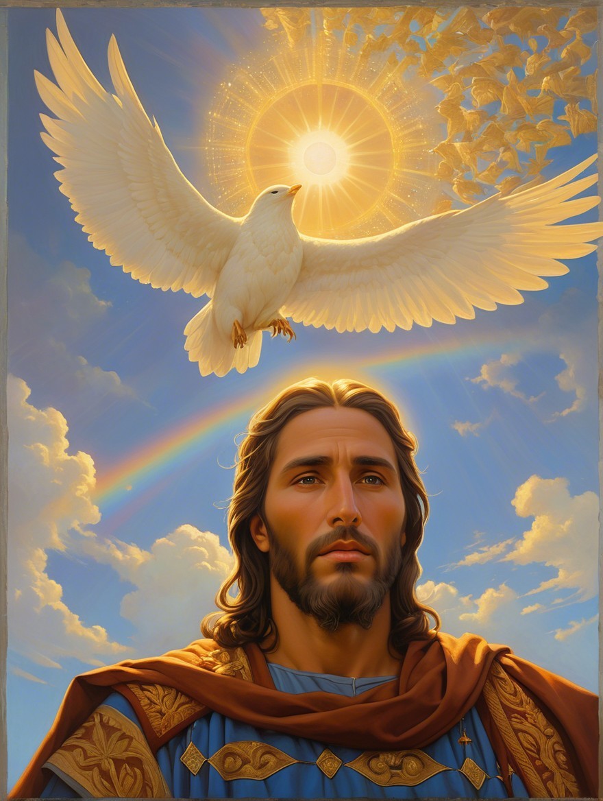 Serene figure under radiant sun and vibrant rainbow