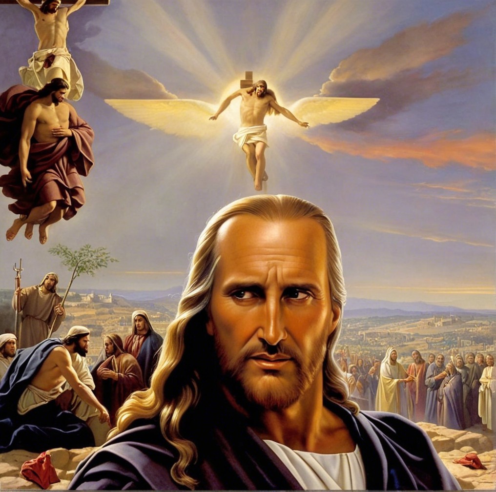 Serene depiction of a bearded man and ascending figure