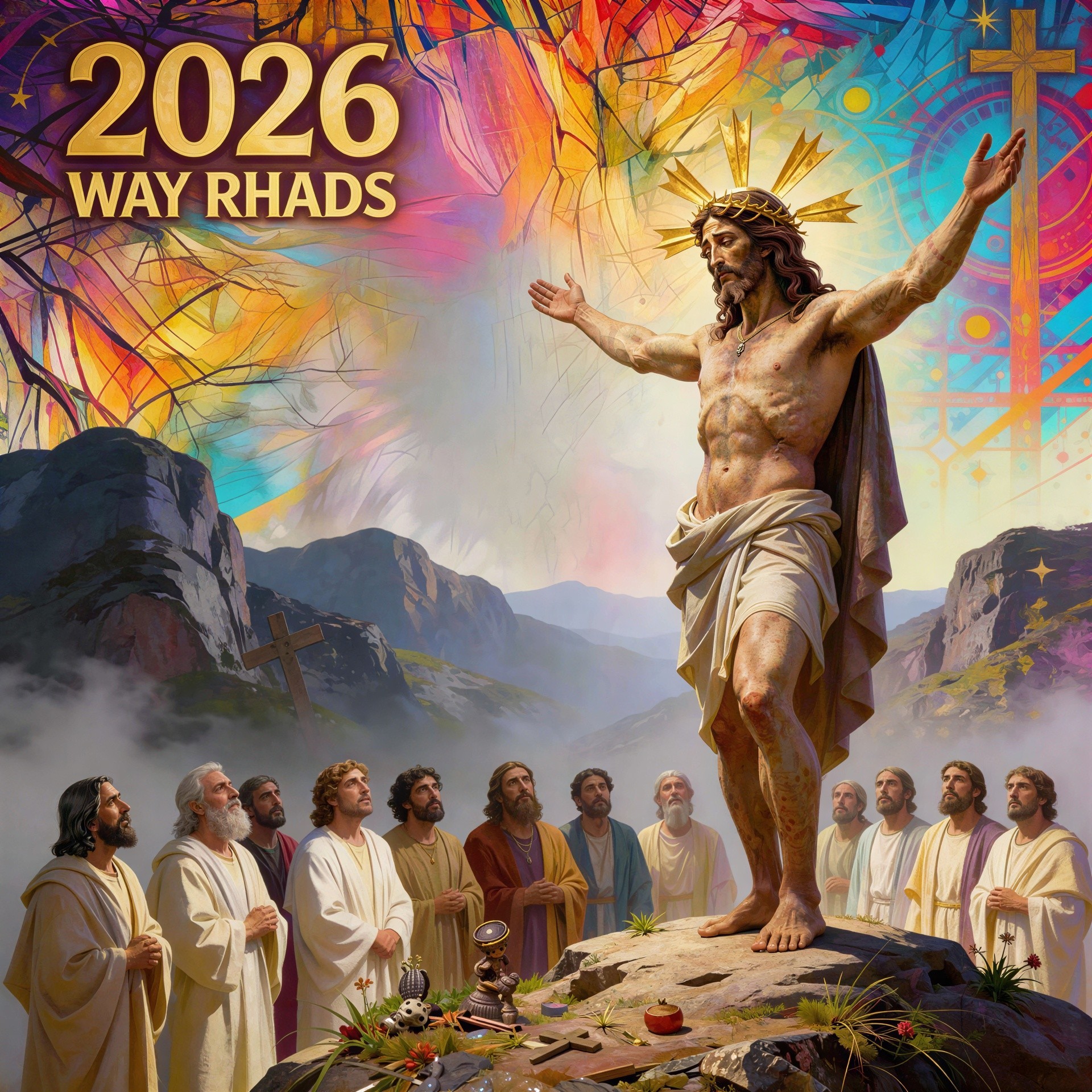 Vibrant Digital Painting of Jesus and Twelve Disciples