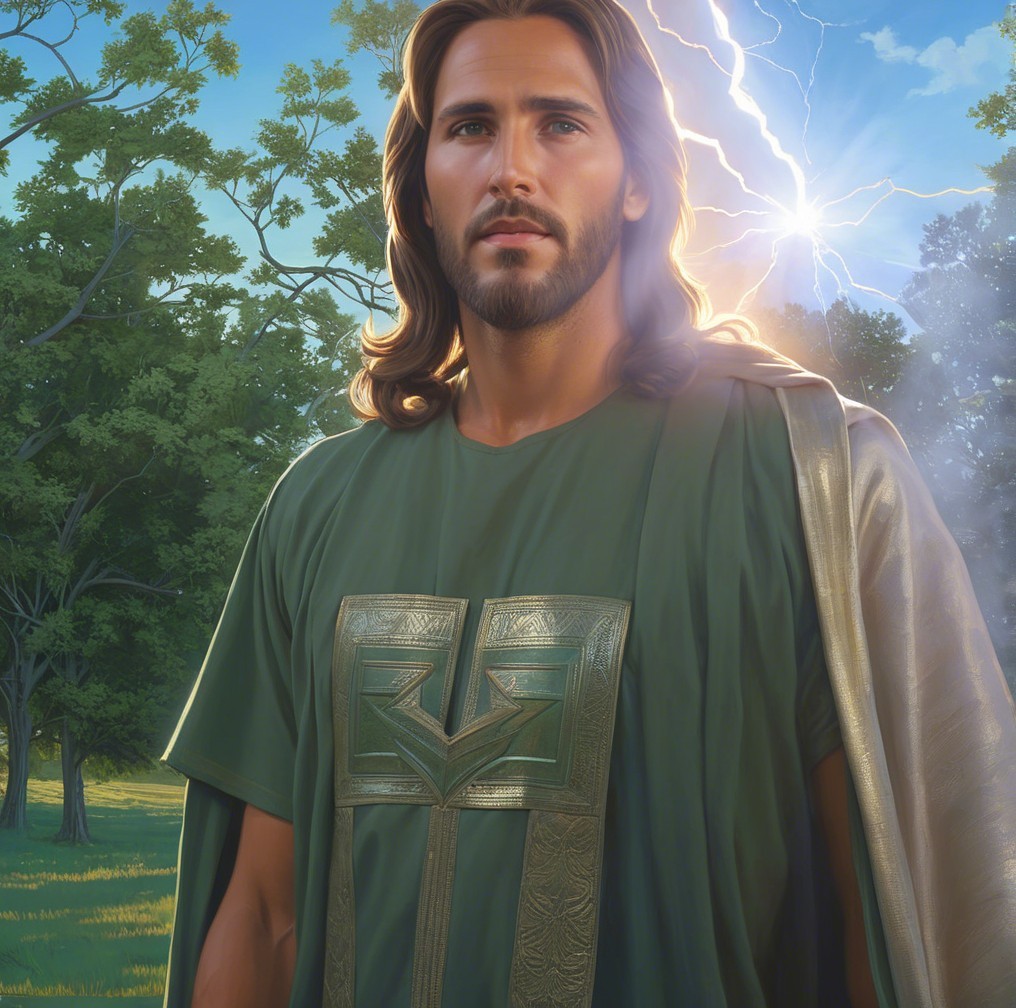 Heroic figure in lush landscape with golden patterns