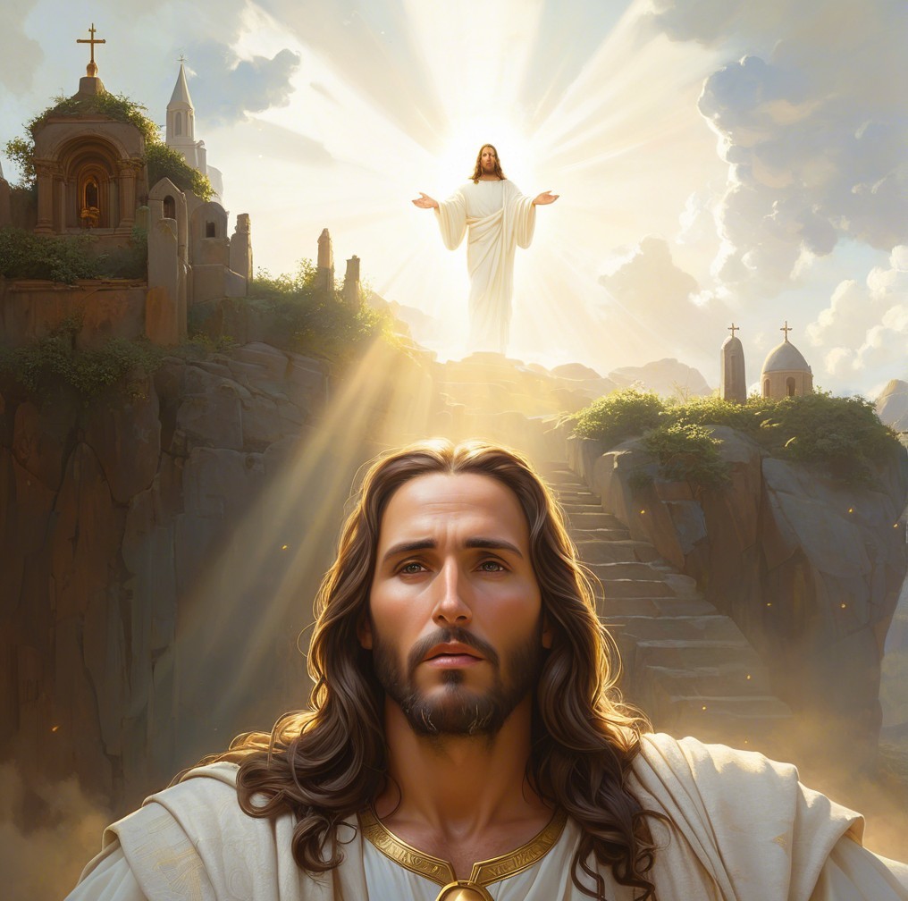 Majestic Jesus Christ on Luminous Staircase Scene
