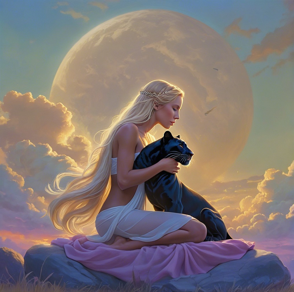 Young Woman Embracing Black Panther Under Moonlight